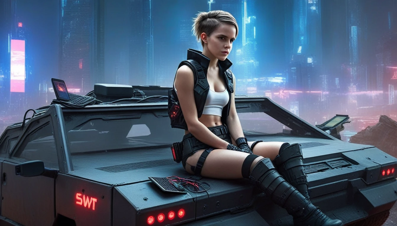 A young female hacker sitting on the hood of a wrecked APC in a cyberpunk metropolis facing the viewer, right arm resting on her waist, left arm held forward holding a transparent smart tablet, short undercut haircut, immaculate skin, scared look on her face, tears on her face, full lips, small breasts, strong legs, fullbody back and red skintight cyberpunk underarmor with intricate hexagon pattern, swat combat vest with attached wearable computer, black leather utility belt with multimeter and some probes attached, thigh high black latex boots, cutoff white gloves, no makeup, natural fingernails, emma watson, Apocalyptic Style: