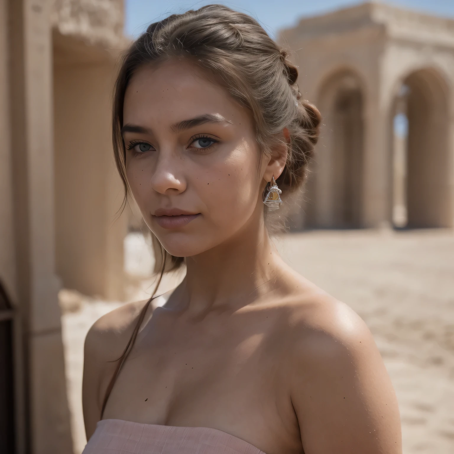 photo of a college student, in Desert Color Coarse Linen Pink,Desert Color Coarse Linen, (freckles:0.8) cute face, sci-fi, dystopian, detailed eyes, Heterochromia eyes((Side view))(Lunar soil)((a beautiful fantasy empress))