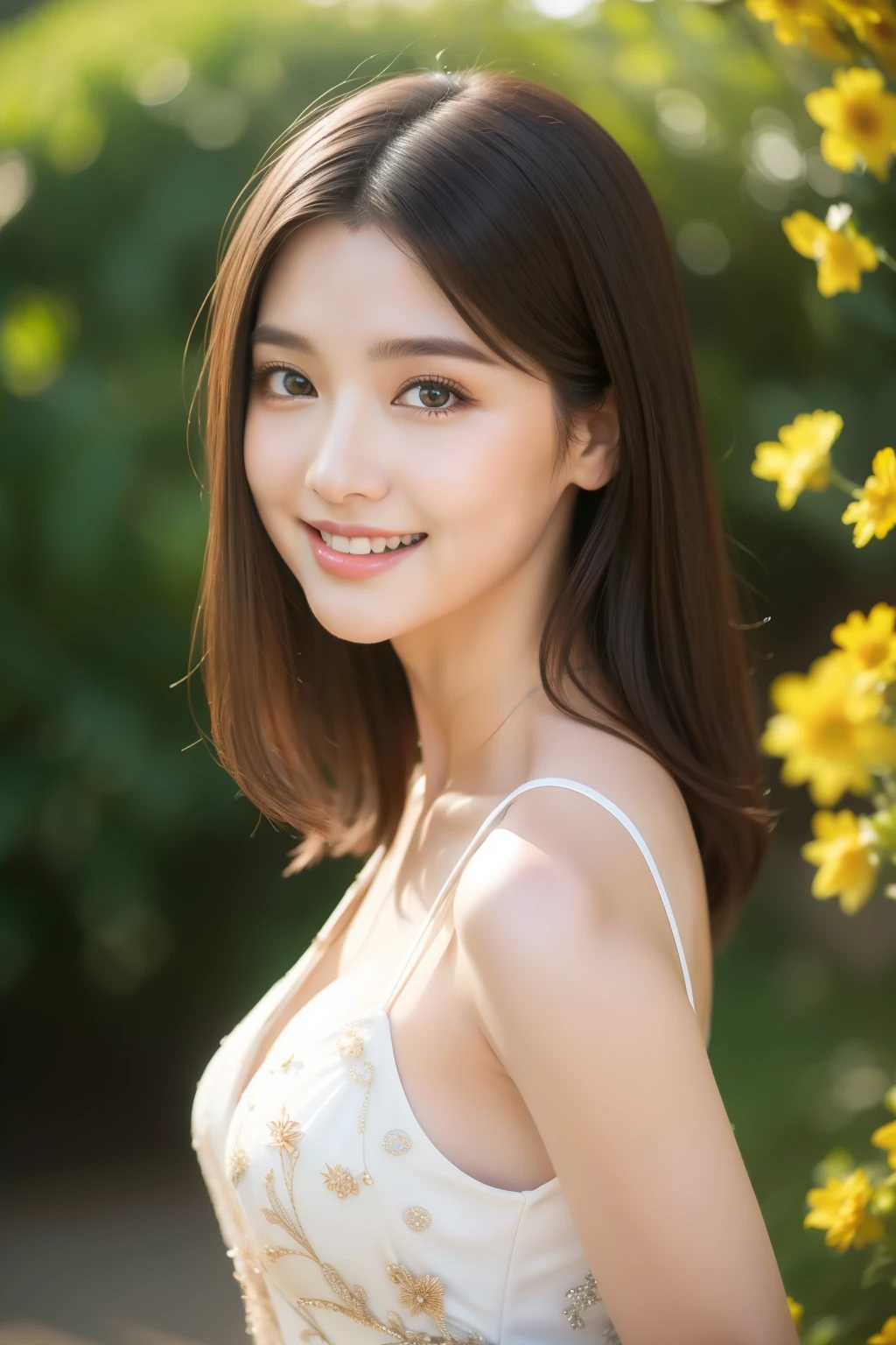 (masterpiece), (best quality), 8k resolution, 1girl, stunning beauty, perfect face, smile, mature female, 20yo, sexy, dress, bare shoulder, low-cut dress, lots of flowers background