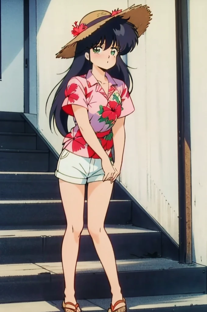 Madoka Ayukawa, bangs, 1girl, masterpiece, highest quality, disorganized, retro artstyle, 1980s \(style\)))), look viewer, long hair, Woman wearing a straw hat standing on a steps, (((Bright red aloha shirt with hibiscus pattern))), (((white shortpants))), blue longhair, look viewer, long hair, knee shot, full blush,