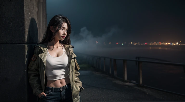 Original photo, (highest quality:1.3), High resolution, (masterpiece), (real:1.4), Professional photography, Sharp focus, High Dynamic Range, 8k resolution, Intricate details, Exquisite detail, Depth of written boundary, Highly detailed CG synthesis 8k wallpaper, masterpiece,Poster,highest quality,Official Art,(Beauty and aesthetics:1.2),(masterpiece:1.3),City of the Future,girl,Slender figure,Cleavage,Military jacket,White tank top,looking at the camera,(Mid-range lens:1.8),Volumetric Fog,rain,night,dramatic