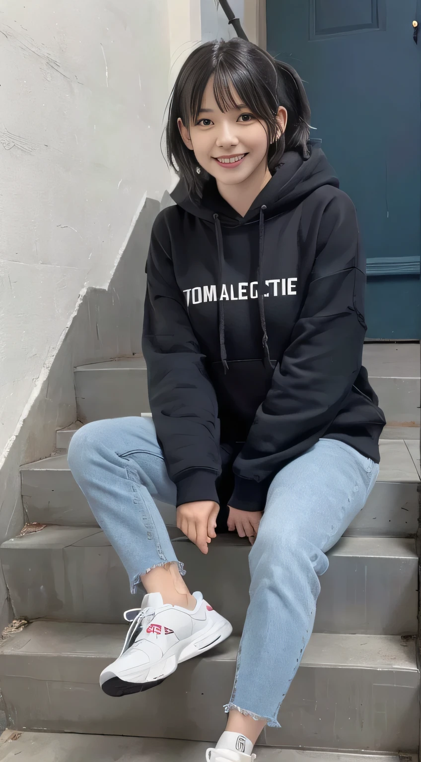 highest quality, Realistic, Very detailed, Finer details, High resolution, 8k wallpaper, One beautiful woman,Sit on the stairs、（Wear black socks）smile、（Beautiful teeth alignment、）（Gums are visible） Oversized hoodie, Skinny jeans,（ Black sneakers）、Black Hair、 Beautiful Bangs、ear piercing、Perfect dynamic composition, Beautiful and detailed, Full Body Shot, A big smile

