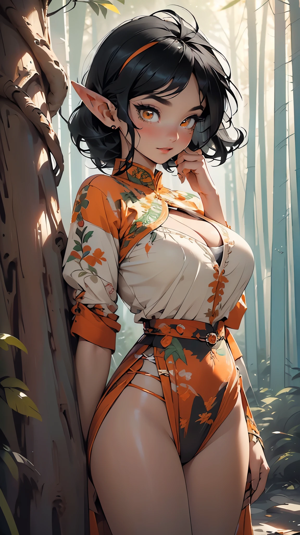 elf girl,(((1girl))),((extremely cute and beautiful dark elf girl)),((())),(((elf))), (((elf ears:1.5))),
(large breasts:1.5),((((black short hair:1.35,(black messy hair:1.5),colored inner hair,ear breathing)))),(pointed ears,(((orange_eyes:1.3))),intricate eyes,beautiful detailed eyes,symmetrical eyes,big eyes:1.5,((fat)),(((dark skin:1.5,lustrous skin:1.5,bright skin: 1.5,skin tanned,shiny skin,very shiny skin,shiny body,plastic glitter skin,exaggerated shiny skin,illuminated skin))),(spider lower abdomen,narrow waist,wide hip,athletic body,inflated legs,thick thighs,detailed body,(detailed face)),
cute,slutty,seductive,erotic,(nsfw),
(((huge cleavage))),revealing clothes,show skin,((underboob)),((elven warrior clothes)),revealing clothes,((loincloth)),(((pelvis curtain))),(((orange theme clothes,intricate outfit,intricate clothes,embroidered outfit,ornate outfit))),
(dynamic pose:1.0),embarrassed,happy,(centered,scale to fit dimensions,Rule of thirds),
((pine forest,elven palace in the forest:1.5)),scenery:1.25,((intricate scenery)),((elven palace in the forest background)),
(Glossy winter ornaments),highres,sharp focus,(ultra detailed,extremely detailed),(photorealistic artwork:1.37),(extremely detailed CG unity 8k wallpaper),(((vibrant colors,vibrant theme))),(intricate),(masterpiece),(best quality),artistic photography,(photography taken by sldr),(intricate background),perfect rendered face,perfect face details,realistic face,photo realistic,((intricate detail)),(((realism))),
