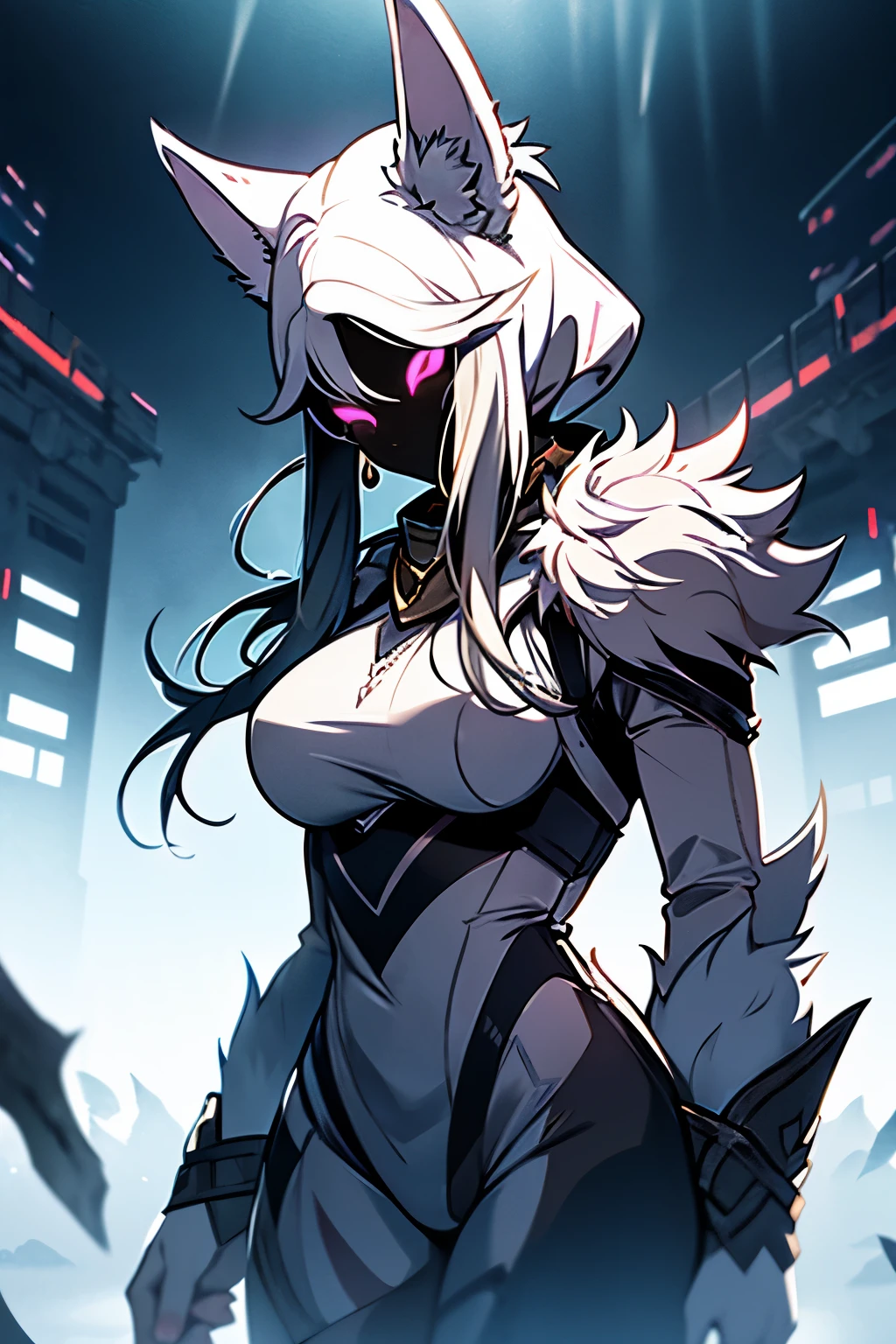 White hair, ethereal aura, serenity, wielded bow, light garments, spectral wolf, fierce nature, visual duality, soul hunters, smooth transition, agile posture, intense expression, light tones, dark tones, black facial mask.