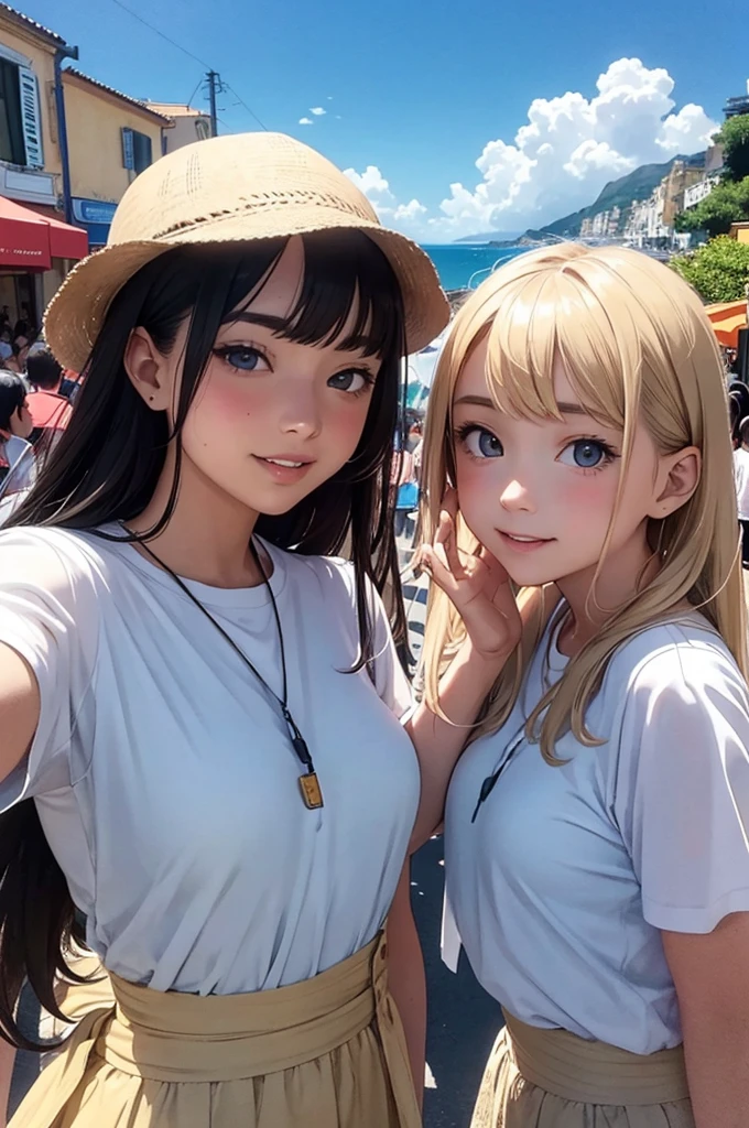 highest quality、High resolution、High resolution、8K、(Disneyland)、amusement park、outdoor、A beautiful teenage girl with、(three women),perfect skin,huge breasts、sexual expression、dancing、emphasize the chest、Flashy underwear、Fancy hairstyle、派手な髪color、smile、sexual expression、emphasize cleavage、color々Facial Patterns、color々hairstyle pattern