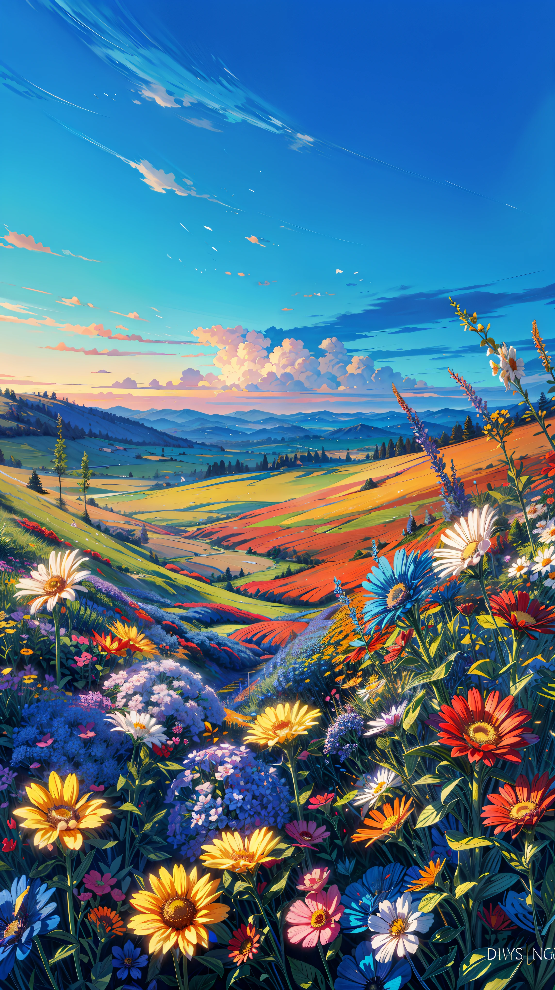 painting of a field full of colorful flowers under a blue sky, meadow background, blue flower field, field of flowers at night, field of fantasy flowers, field flowers, flowers background, field of flowers background, night sky full of flowers, field of mixed flowers, grass and flowers, an aesthetic field of flowers, field of flowers, meadow with flowers, field of wild flowers, 4k professional painting, game, detailed key anime art, illustation, a beautiful artwork illustration, beautiful digital painting, highly detailed digital painting, beautiful digital artwork, detailed painting 4 k, very detailed digital painting, rich picturesque colors, gorgeous digital painting