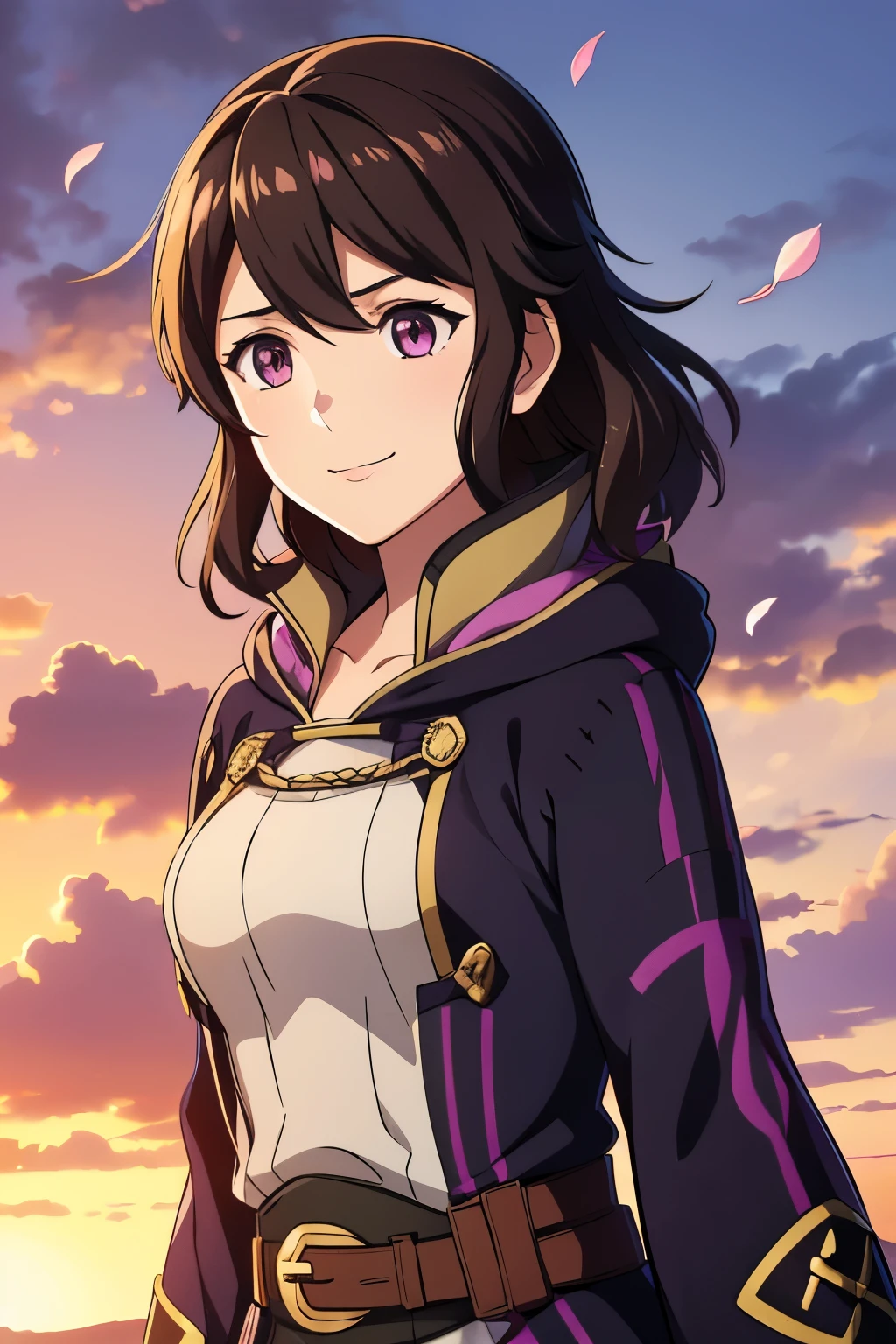 (high-quality, breathtaking),(expressive eyes, perfect face) 1girl, female, solo, portrait, Fire Emblem Awakening, Symmetrical Eyes, open field background, Robin (Fire Emblem: Awakening), dark Brown hair color, short hair length, messy wavy hair, hair ornament, upper body, pink eyes, Black and purple robe, gold trim, hood, white shirt, brown belt, tomb, positive expression, cute smile, detailed eyes, adorable face, short height, female robin (fire emblem), dark brown hair, flower petals, braided bang, ribbon in hair, soft breeze, sunrise skies
