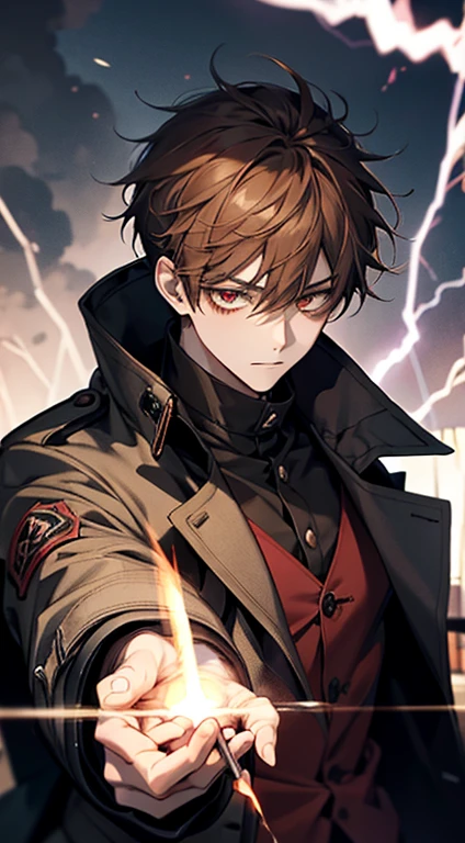 20歳のmens子1人, aura, Biribiri, black_background, Pale_eye, green_fire, Blurred, cigarette, Brown Hair, anger, coat, crystal, electricity, energy, burn, _Bland_eye, Holding, Holding_cigarette, lightning, length_sleeve, look up_in_Audience, magic, mens_concentrated, black_and_red_coat, simple_background, 一人in, bodyの上部_body, white_