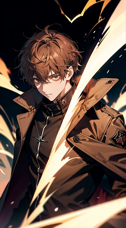 20歳のmens子1人, aura, Biribiri, black_background, Pale_eye, green_fire, Blurred, cigarette, Brown Hair, anger, coat, crystal, electricity, energy, burn, _Bland_eye, Holding, Holding_cigarette, lightning, length_sleeve, look up_in_Audience, magic, mens_concentrated, black_and_red_coat, simple_background, 一人in, bodyの上部_body, white_