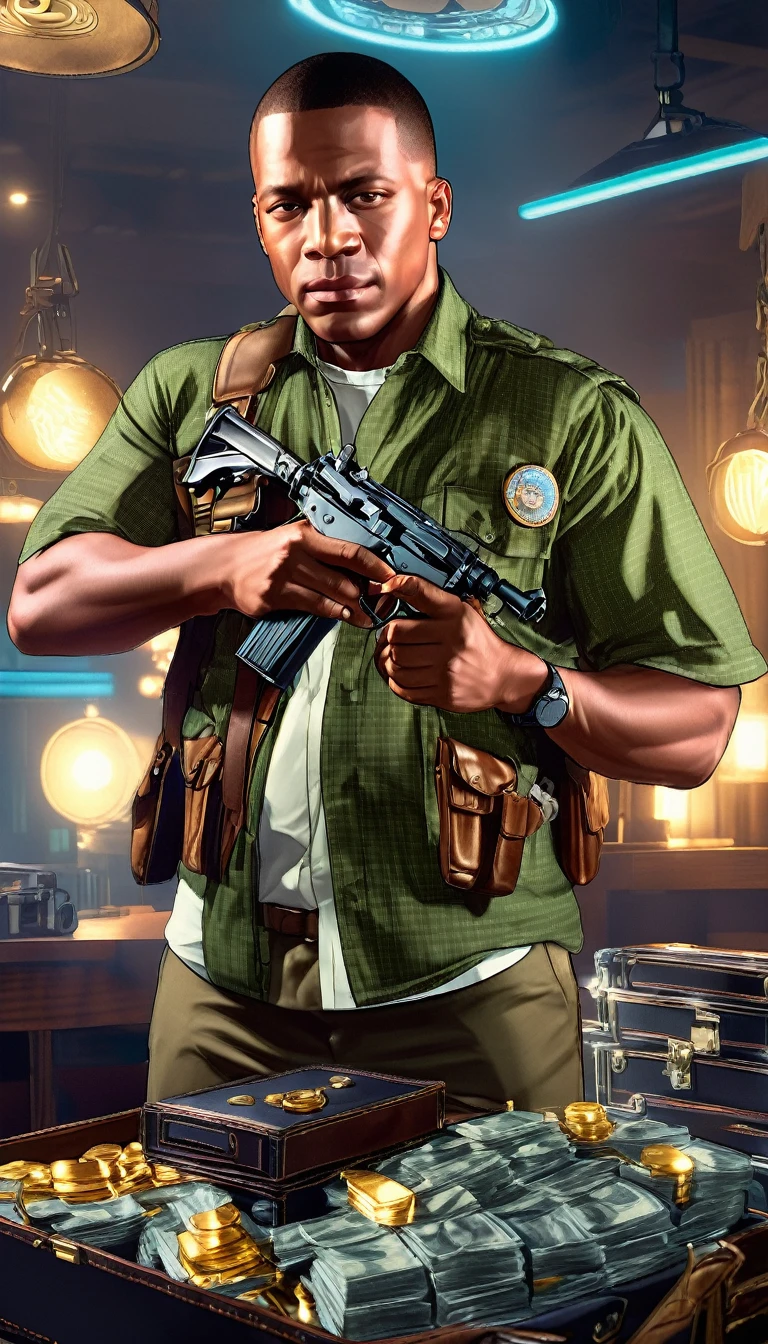 Carl Johnson holding a pistol, background cinematic, hyper realistic, ultra detailed hyper realistic, photorealistic, Studio Lighting, reflections, dynamic pose, Cinematic, historical accuracy, Color Grading, Photography, Shot on 50mm lens, hyper-detailed, beautifully color, 8k
