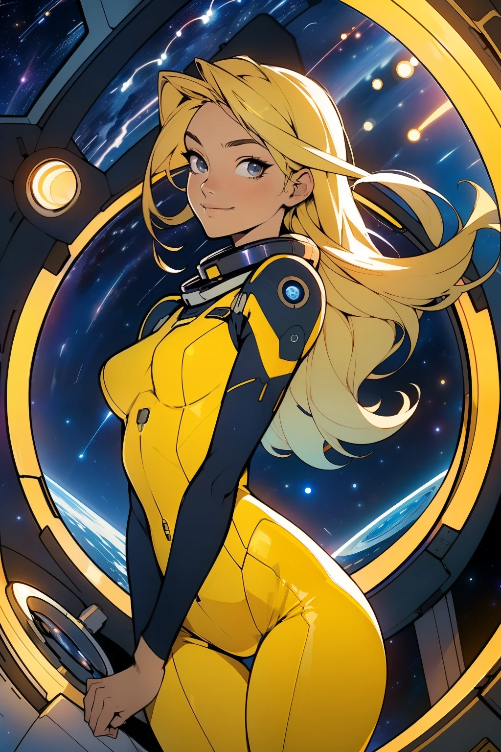 (masterpiece, best quality:1.2), (cowboy shot:1.1), solo, 1girl, mori yuki, slight smile, closed mouth, nearly frontal view, looking at viewer, blonde hair, long hair, thigh gap, yellow bodysuit, skin-tight, perfect body, large window, (starship porthole:1.3), (spread legs:1.0), (standing:1.1), thigh gap, sensual pose, sideview, perfect hands, bright starship interior, (outer space view:1.1), (orbital view:1.3), (night, stary sky:1.5), milky way