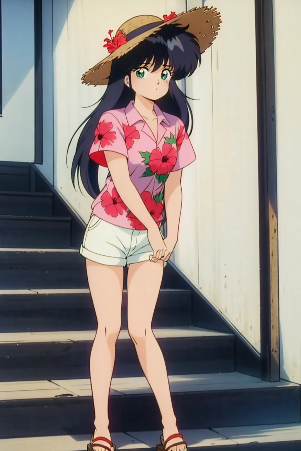 Madoka Ayukawa, bangs, 1girl, masterpiece, highest quality, disorganized, retro artstyle, 1980s \(style\)))), look viewer, long hair, Woman wearing a straw hat standing on a steps, (((Bright red aloha shirt with hibiscus pattern))), (((white shortpants))), blue longhair, look viewer, long hair, knee shot, full blush,