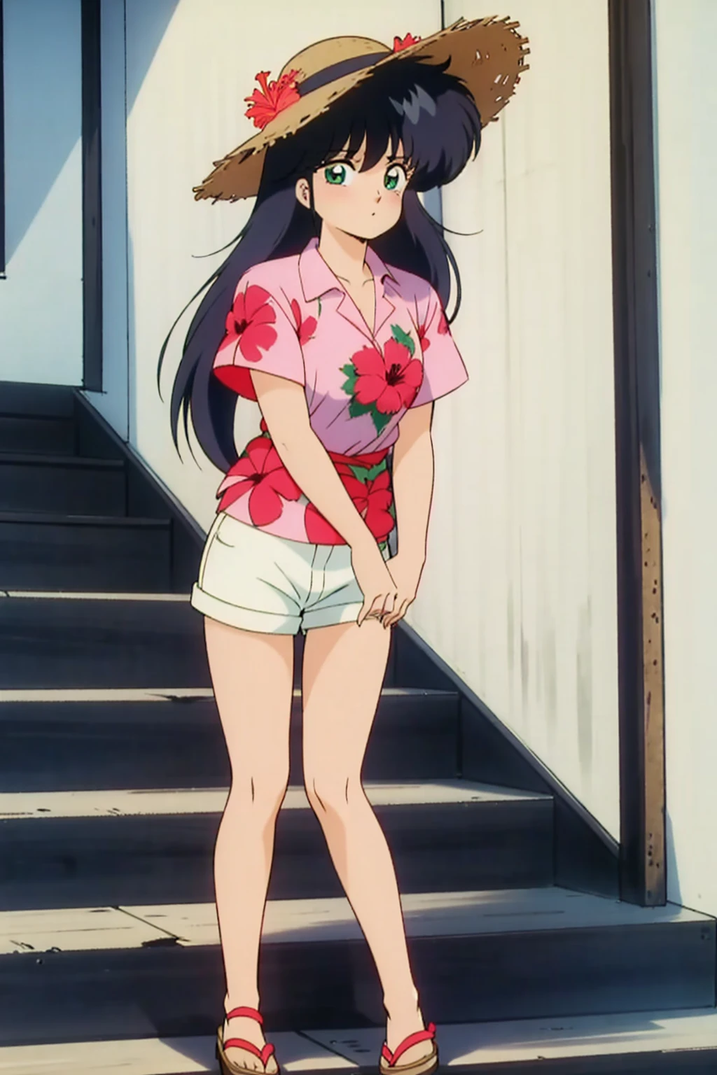 Madoka Ayukawa, bangs, 1girl, masterpiece, highest quality, disorganized, retro artstyle, 1980s \(style\)))), look viewer, long hair, Woman wearing a straw hat standing on a steps, (((Bright red aloha shirt with hibiscus pattern))), (((white shortpants))), blue longhair, look viewer, long hair, knee shot, full blush,