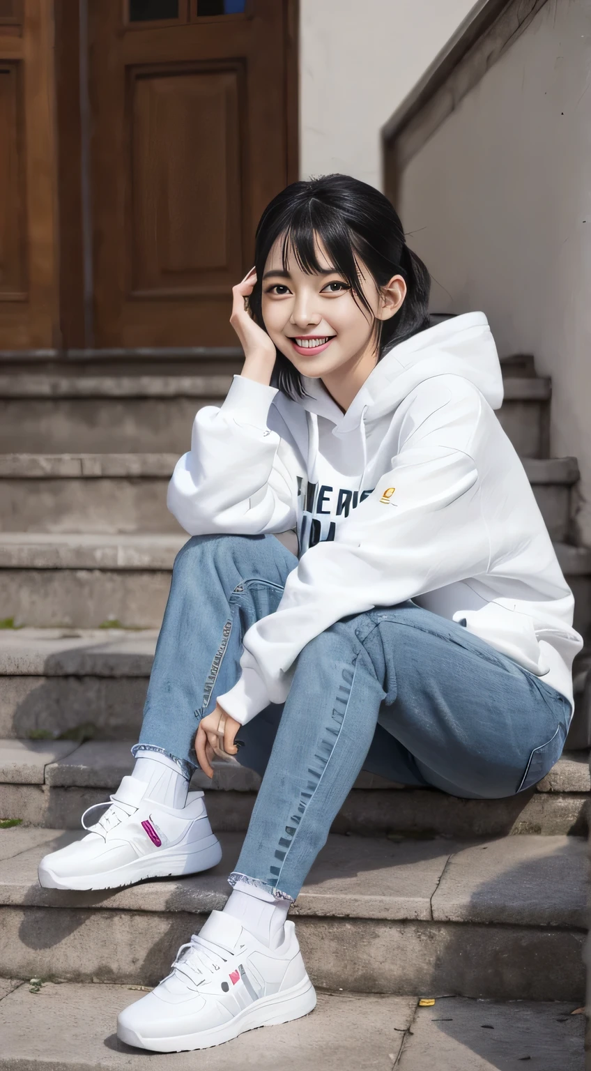 highest quality, Realistic, Very detailed, Finer details, High resolution, 8k wallpaper, One beautiful woman,Sit on the stairs、(Wear black socks)smile、(Beautiful teeth alignment、)(Gums are visible) Oversized hoodie, Skinny jeans,( Black sneakers)、Black Hair、 Beautiful Bangs、ear piercing、Perfect dynamic composition, Beautiful and detailed, Full Body Shot, A big smile wearing colorful socks