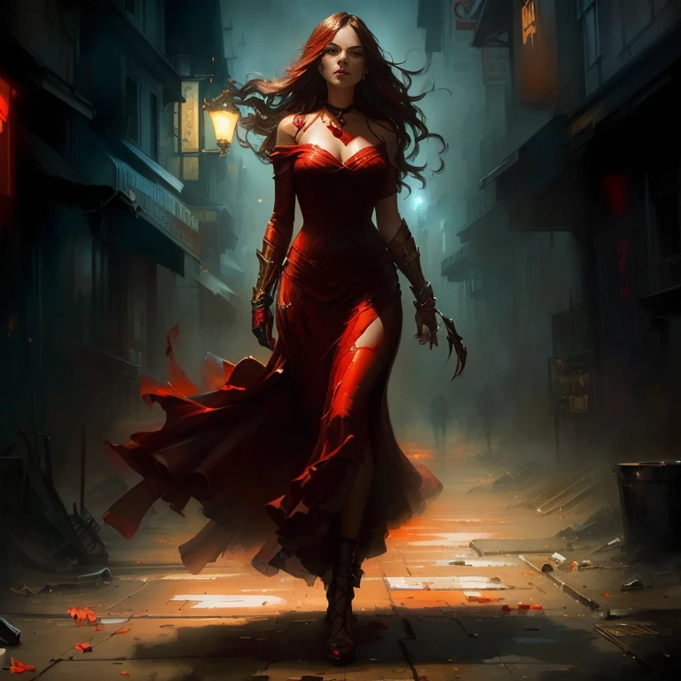 A woman in a red dress walking down the street, Raymond Swanlandのスタイル, inspired Raymond Swanland, Stylized urban fantasy art, Raymond Swanland, dark fantasy horror art, by Bastien L. Number 10, fantasy horror art, Dark Fantasy Oil Painting, Dark Fantasy Art, Dark fantasy art
