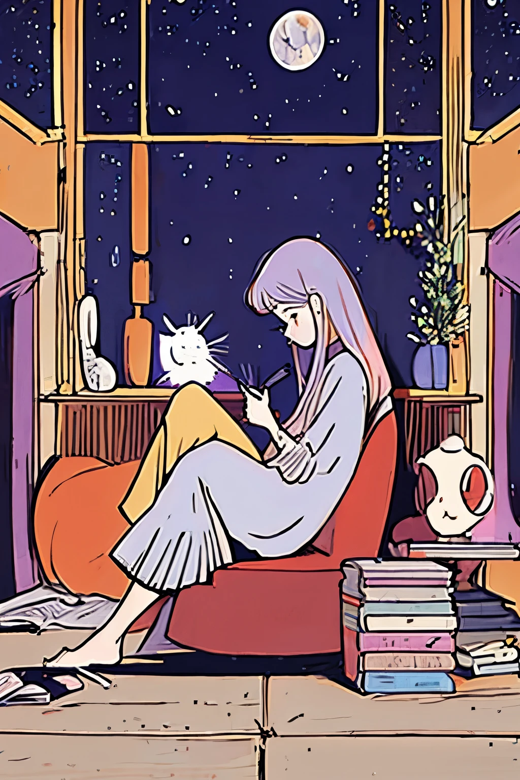 girl, alone, Delicate face, Reading a book in the room、whole body、Sit on a chair、profile、profile、Long Hair、、Casual clothing,Big moon in the background