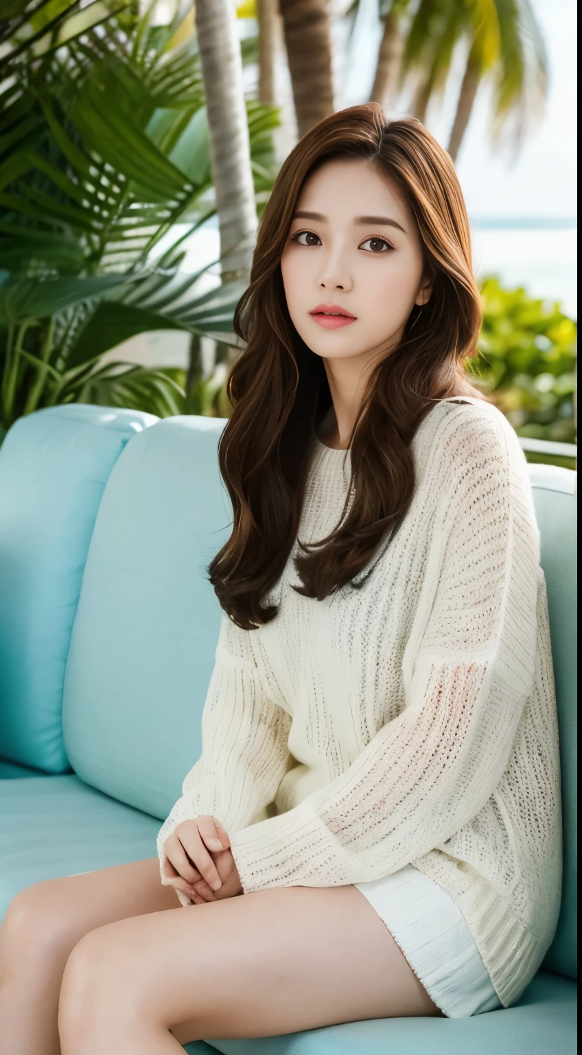 Cinematic photo, 1 beauty: 1.2, pale color sweater, long brown hair, super detailed face, sitting on white sofa, background: sea resort, outdoor, sunlight, camera gaze