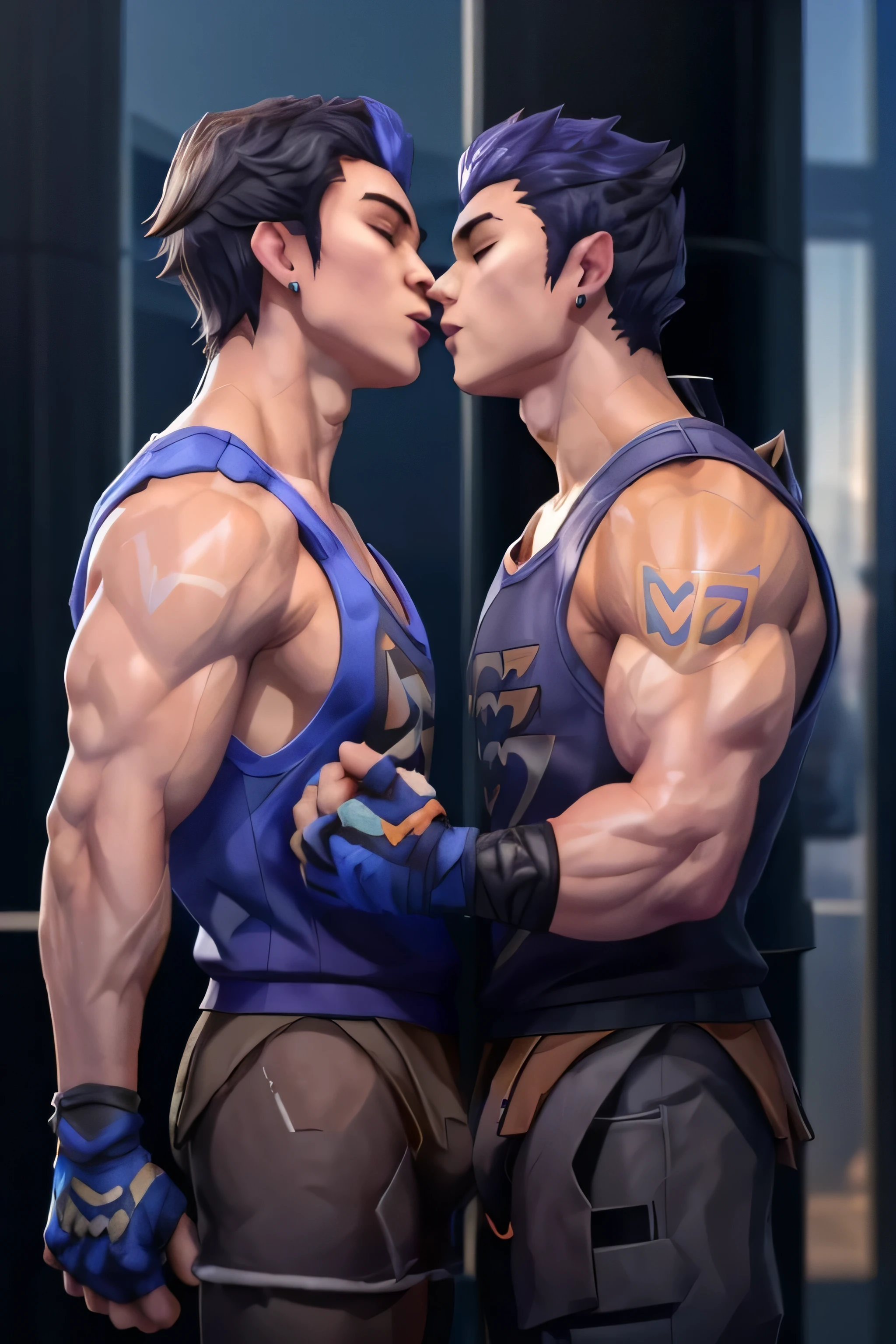 yoru valorant, ((ru) on the left, tank top, bulge, kissing other yoru), ((1 yoon the right, fully shirtless, kissing other yoru)