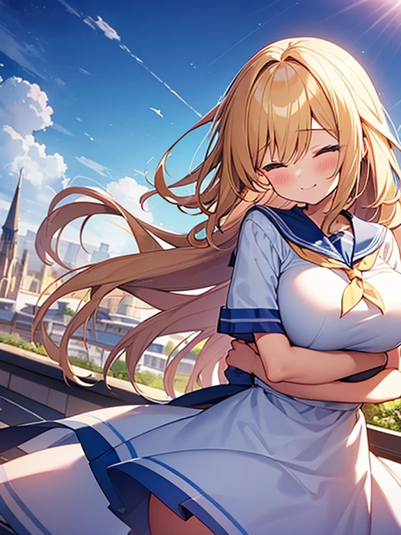 Tabletop, highest quality,figure, wallpaper, Super detailed, Absurd beauty、((School rooftop、evening))、Backlight、((Two beautiful girls、、hug from behind))、(Blonde、long、Wavy Hair、Very large breasts)、Close your eyes、Hair swaying in the wind、、White sailor suit with short sleeves、Blue checked skirt、smile、blush、Shyness