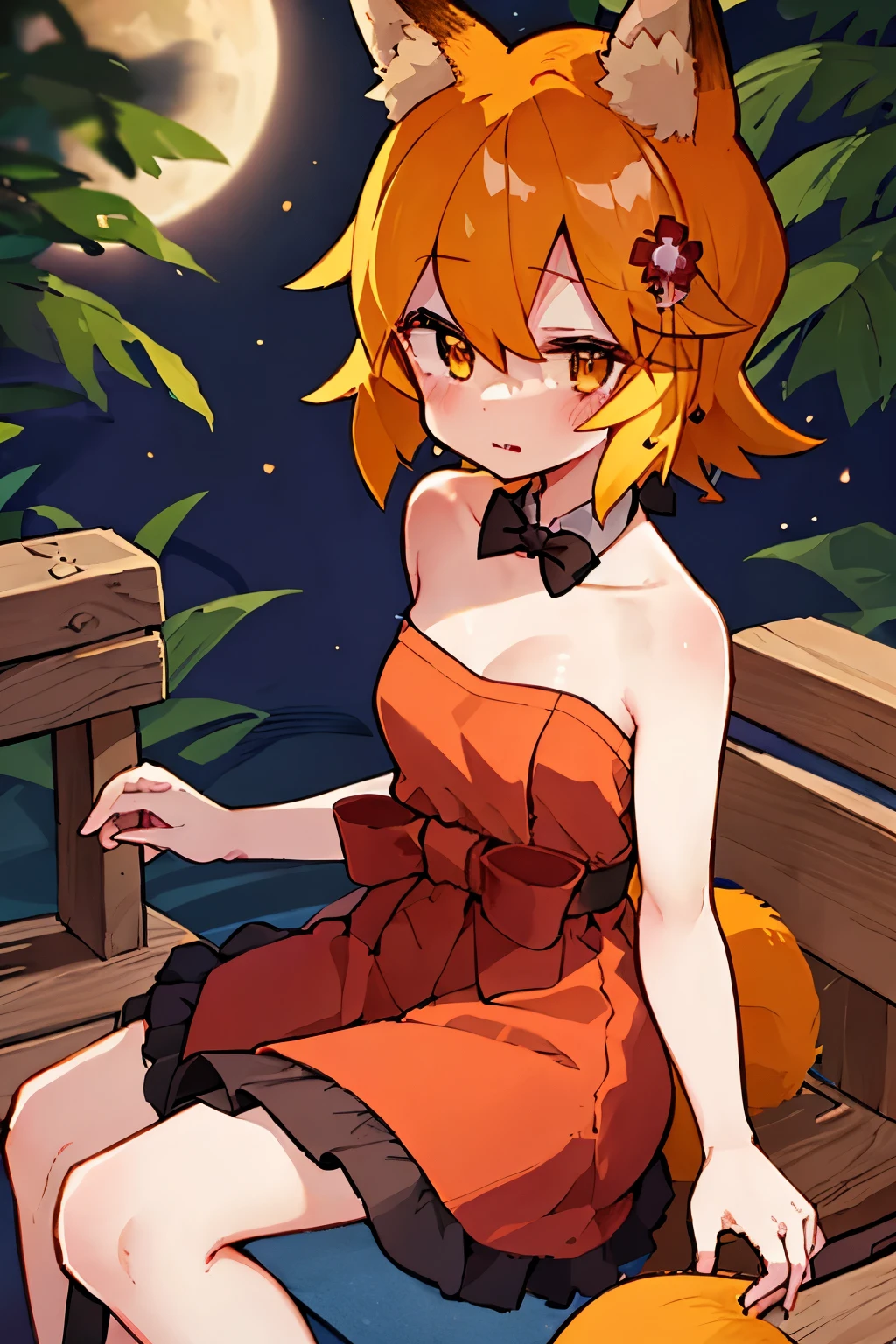 masterpiece, best quality, highly detailed, sen, animal ears, fox ears, fox girl, fox tail, hair flower, hair ornament, orange eyes, orange hair, short hair, tail, blush, looking at viewer, , girl, small breasts, detailed hands, keqing (opulent splendor) (genshin impact), official alternate costume, dress, night, strapless dress, looking at viewer, cleavage, black dress, strapless, bare shoulders, bangs, bow, detached collar, ribbon, double bun, two-tone dress, hair ornament, black bow, hair ribbon, blue dress, bowtie, sitting on bench