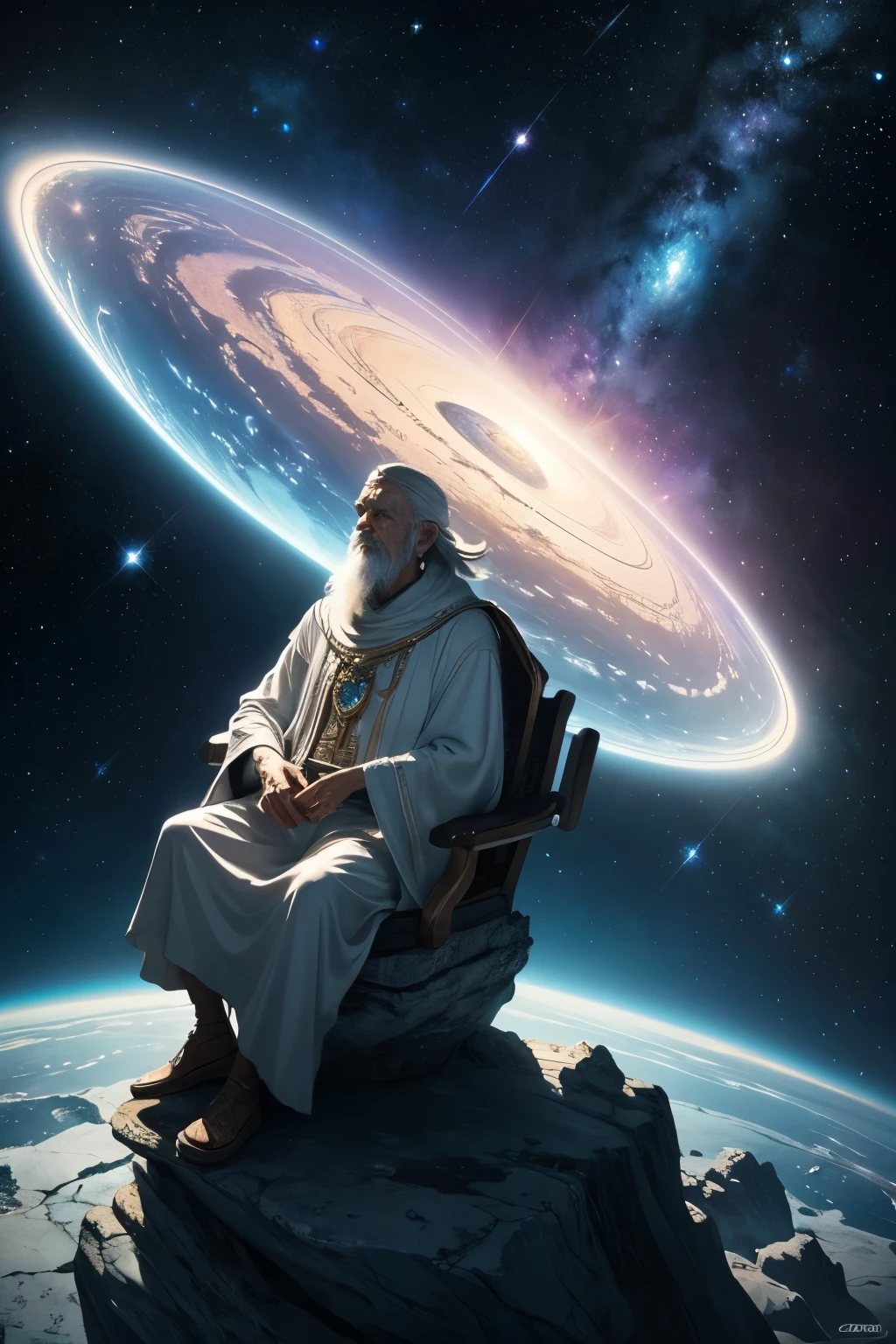 thereal fantasy concept art of {A WISE OLD MAN SITTING ON A WHITE ROCK FLOATING THROUGH SPACE, IN THE BACKGROUND THE ANDROMEDA GALAXY} . magnificent, celestial, ethereal, painterly, epic, majestic, magical, fantasy art, cover art, dreamy"
