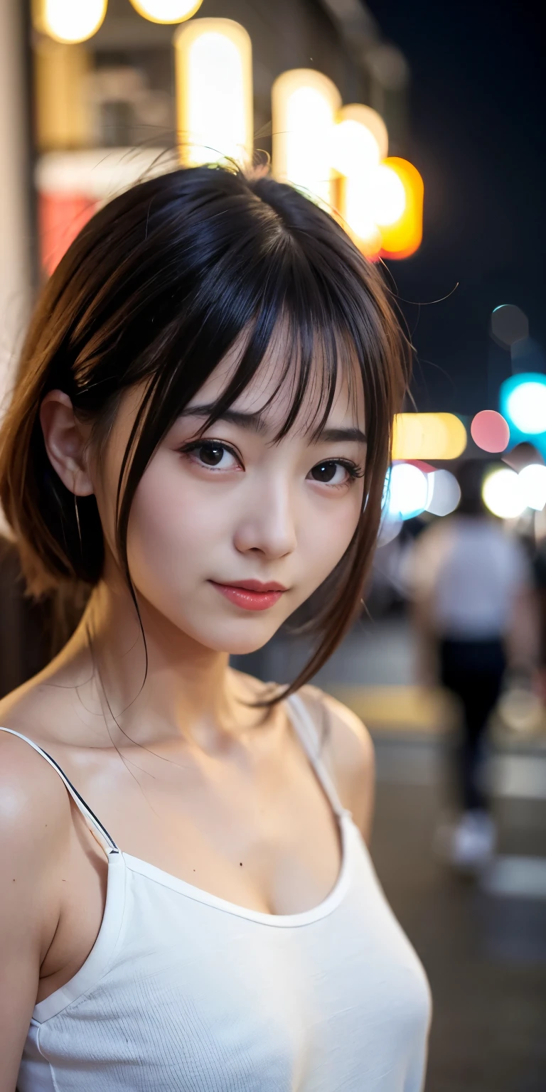 1 Girl, Tokyo Street,night, Streetscape,City lights,Upper Body,close,smile,, (8K, Raw photo, highest quality, masterpiece:1.2),(Realistic, photo-Realistic:1.37),