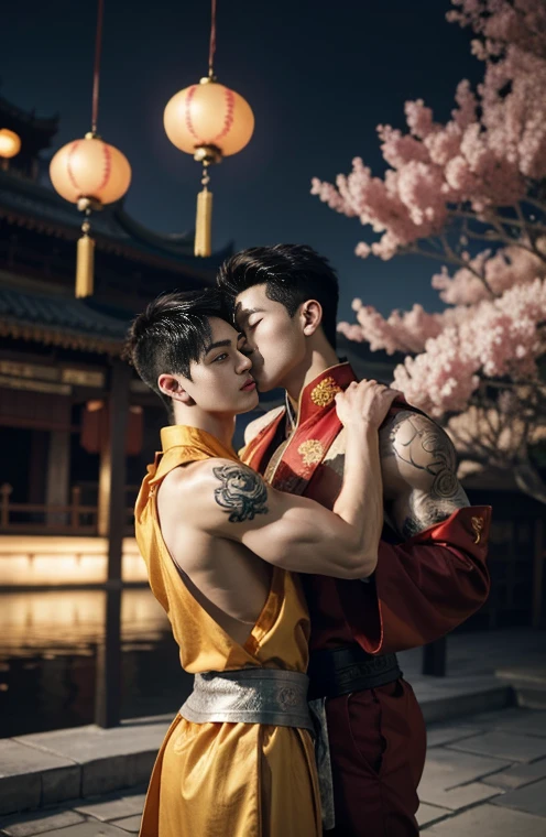 2 Handsome chinese guy kissing, 25 years old,hug, cuddle, touching lips, skin ship, romantic, Asian, chinese hansome actor, kpop idol, young baby cute face, detailed face, handsome male model,manly, master work, best picture quality, higher quality, high detail, super high resolution, 8k resolution, perfect eyes, perfect skin, manly jawline, manly chin, perfect hands, big muscles, bare chest, tattoos chest, tattoo hands, tattoo arms, glowing eyes, short hair, hair details, detailed background , open Hanfu transparent tulle jacket, ((red and golden clothes with silver decoration)), super sexy tiny brief, naked, long big erection dick masturbate, detailed perfect dick shape, good shape bulg, big bulge, nice juicy butts, bare butts, Chinese garden background, Chinese kung fu, dragon-themed costumes, monk robes, spinning floating particles, chinese temple in background, looking at viewer
