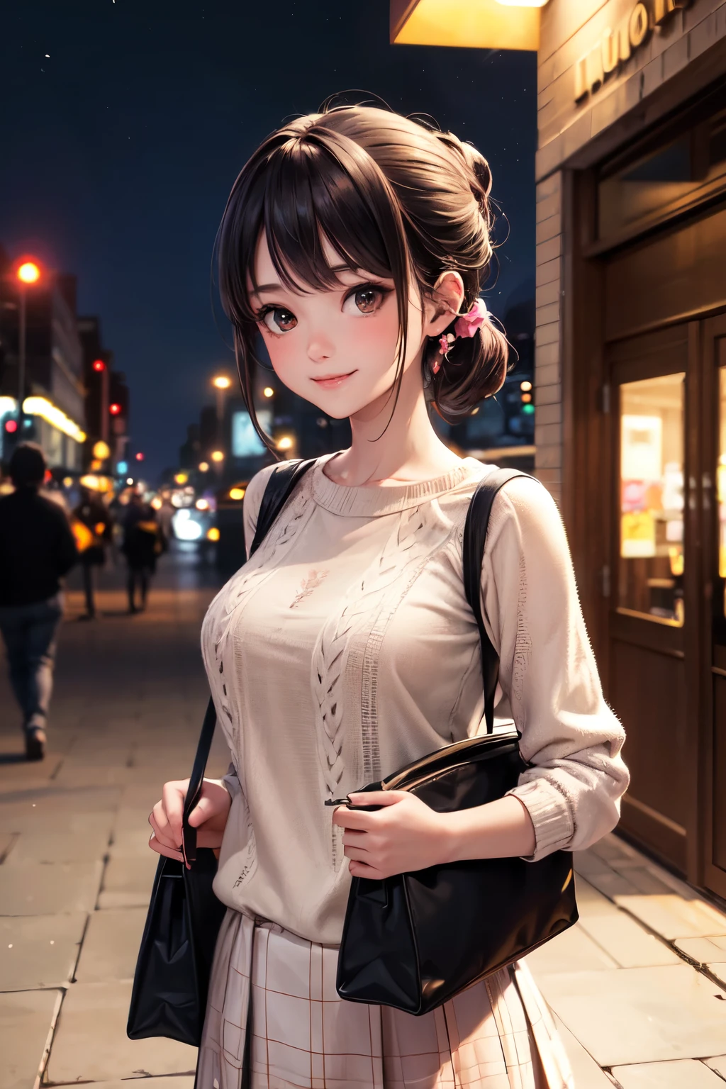 very cute and beautiful girl,(highly detailed beautiful face),
(smile:1.2),happy,embarrassed,looking at viewer,argyle sweater,cowboy shot,(white and pink plaid skirt),
standing in front of hotel entrance in modern capital city,night,holding tote bag,black hair,low ponytail,
(best quality,masterpiece),absurdres,highres,ultra-detailed,extremely detailed,32k,8k resolution,
intricate details,cinematic scene,detailed background,solo,dynamic angle,