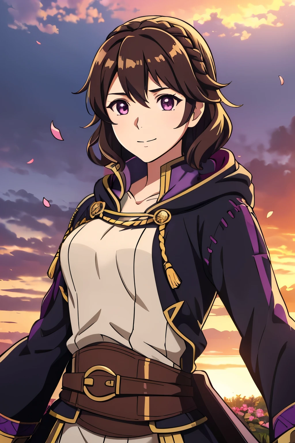 (high-quality, breathtaking),(expressive eyes, perfect face) 1girl, female, solo, portrait, Fire Emblem Awakening, Symmetrical Eyes, open field background, Robin (Fire Emblem: Awakening), dark Brown hair color, short hair length, messy wavy hair, hair ornament, upper body, pink eyes, Black and purple robe, gold trim, hood, white shirt, brown belt, tomb, positive expression, cute smile, detailed eyes, adorable face, short height, female robin (fire emblem), dark brown hair, flower petals, braided bang, ribbon in hair, soft breeze, sunrise skies
