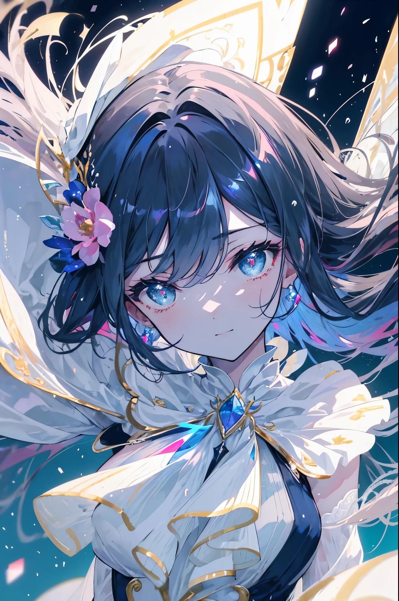 (((masterpiece)))、(((highest quality)))、((Ultra-detailed))、(Awareness-raising)、((Very delicate and beautiful))、bright smile、floating、(Detailed Light) (One Girl)、、solo、Long-haired、The wind is blowing、world、(Cute eyes)Wizard Hat, blush, Brush Sticker, Cleavage, Exposing shoulders, dress, Off the shoulder, Cowboy Shot, standing, Laughter, Delicate bouquet、Navy blue and red peonies, Ultra-transparent, Holy Light, beautiful spectral Light, Petals Shine, Blink, Dark Background, drops of transparent Light, reflective Light, bright, Light flowing in, Optics, Portrait Profile, Sharp focus, Magic, Complex, Surreal, Fantasy, composition, Light, Art Station Trends, pearl, Silvery Steam Guardian Cloud, Corrosive envelope group, 8k, Urea Air 23V4 Upright