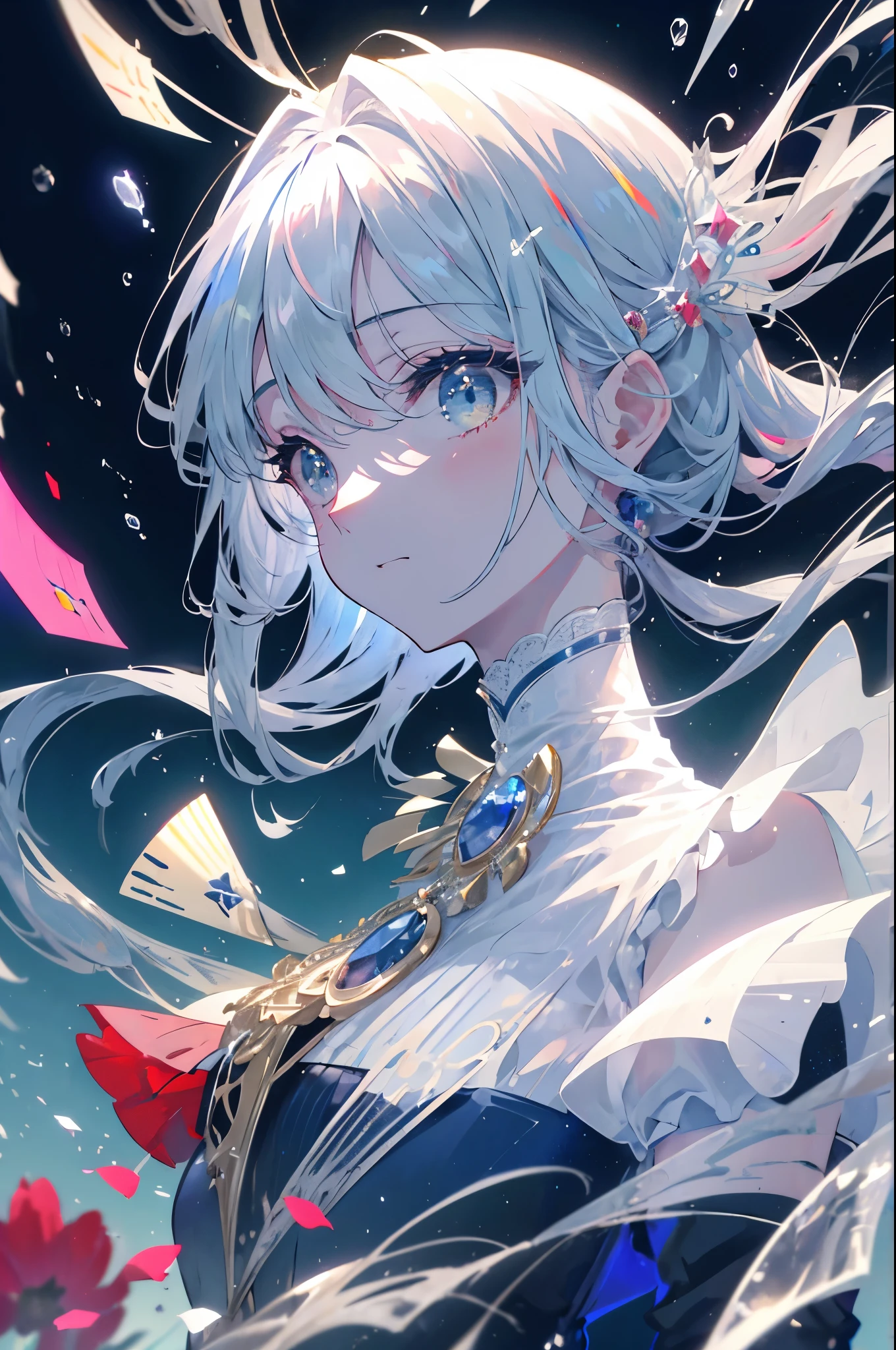 (((masterpiece)))、(((highest quality)))、((Ultra-detailed))、(Awareness-raising)、((Very delicate and beautiful))、bright smile、floating、(Detailed Light) (One Girl)、、solo、Long-haired、The wind is blowing、world、(Cute eyes)Wizard Hat, blush, Brush Sticker, Cleavage, Exposing shoulders, dress, Off the shoulder, Cowboy Shot, standing, Laughter, Delicate bouquet、Navy blue and red peonies, Ultra-transparent, Holy Light, beautiful spectral Light, Petals Shine, Blink, Dark Background, drops of transparent Light, reflective Light, bright, Light flowing in, Optics, Portrait Profile, Sharp focus, Magic, Complex, Surreal, Fantasy, composition, Light, Art Station Trends, pearl, Silvery Steam Guardian Cloud, Corrosive envelope group, 8k, Urea Air 23V4 Upright
