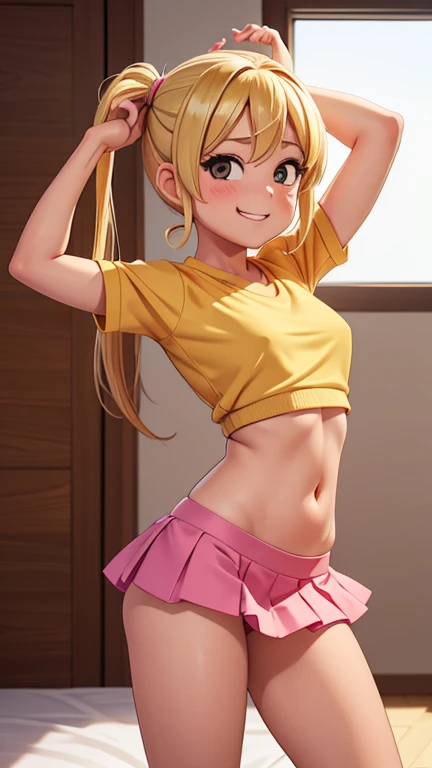 Ultra realistic 7 year old girl, pigtail hair golden, top regular breasts, sexy, smug face, sonrisa ganadora, posando, aula, sentada, nice view, mojada, (sudada), (volleyball), tight panties, inclinada, mini skirt, exposed breasts, no panties, bosom barely contained, full body, defined, pezones excitados, panties ligeramente caida, over average good bosom,