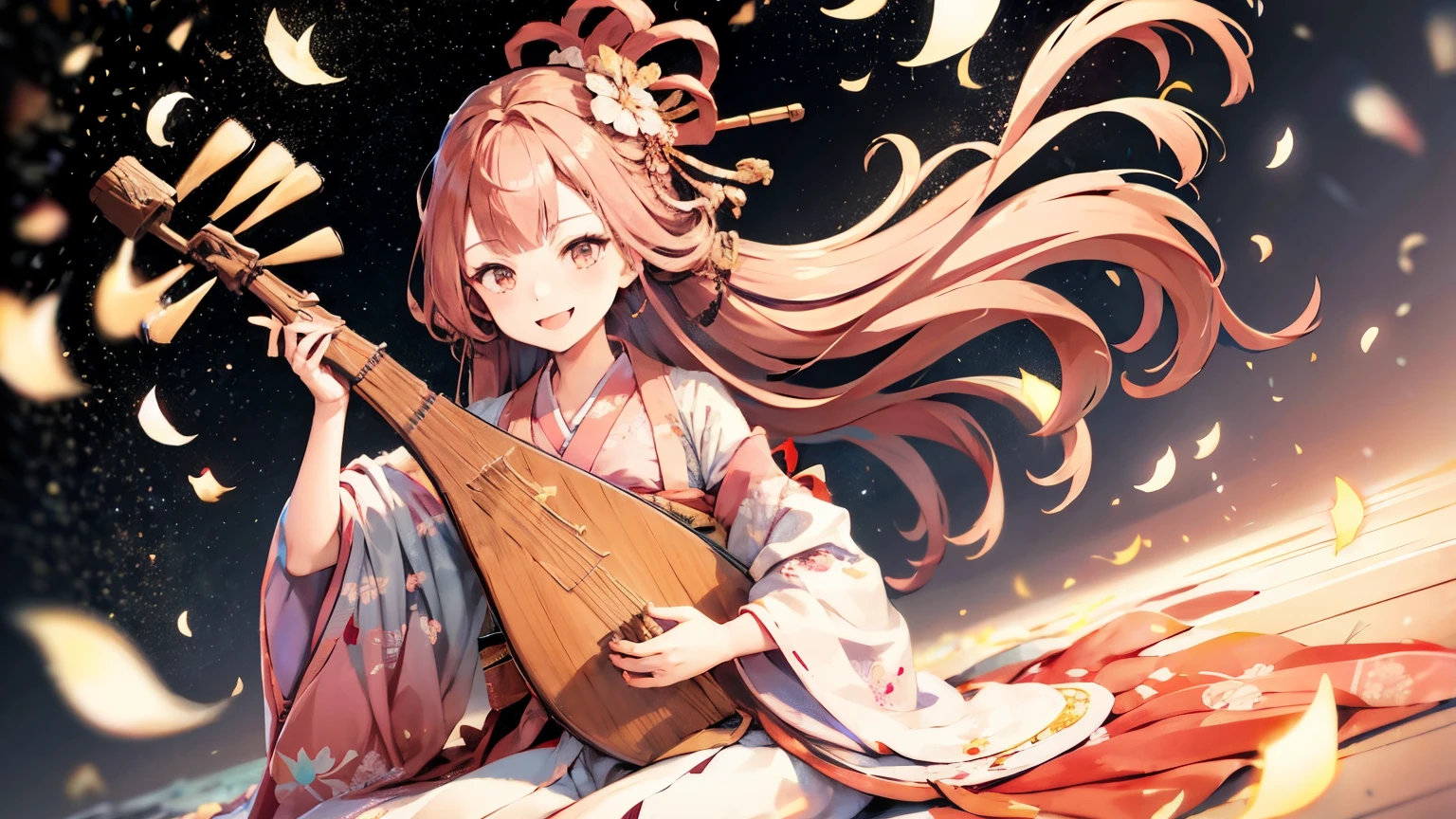 A beautiful woman plays the biwa, smile,Flat Chest,Japanese kimono Straight pink long hair,Pink Hair, Off-the-shoulder tops, Petals in full bloom, highest quality, 8k,Official Art


