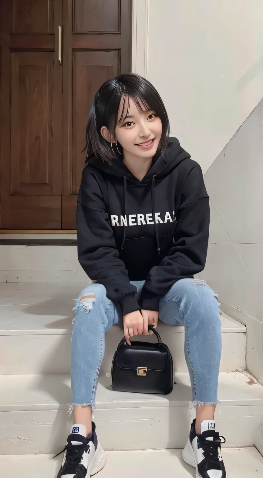 highest quality, Realistic, Very detailed, Finer details, High resolution, 8k wallpaper, One beautiful woman,Sit on the stairs、(Wear black socks)smile、(Beautiful teeth alignment、)(Gums are visible) Oversized hoodie, Skinny jeans,( Black sneakers)、Black Hair、 Beautiful Bangs、ear piercing、Perfect dynamic composition, Beautiful and detailed, Full Body Shot, A big smile