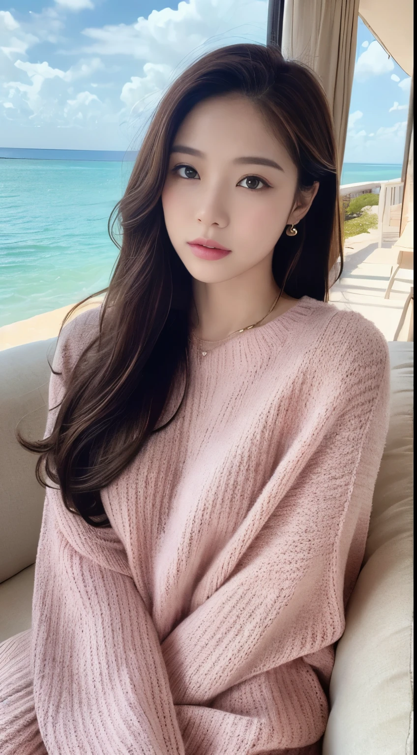 Cinematic photo, 1 beauty: 1.2, pale pink sweater, long brown hair, super detailed face, sitting on white sofa, background: sea resort, outdoor, sunlight, camera gaze