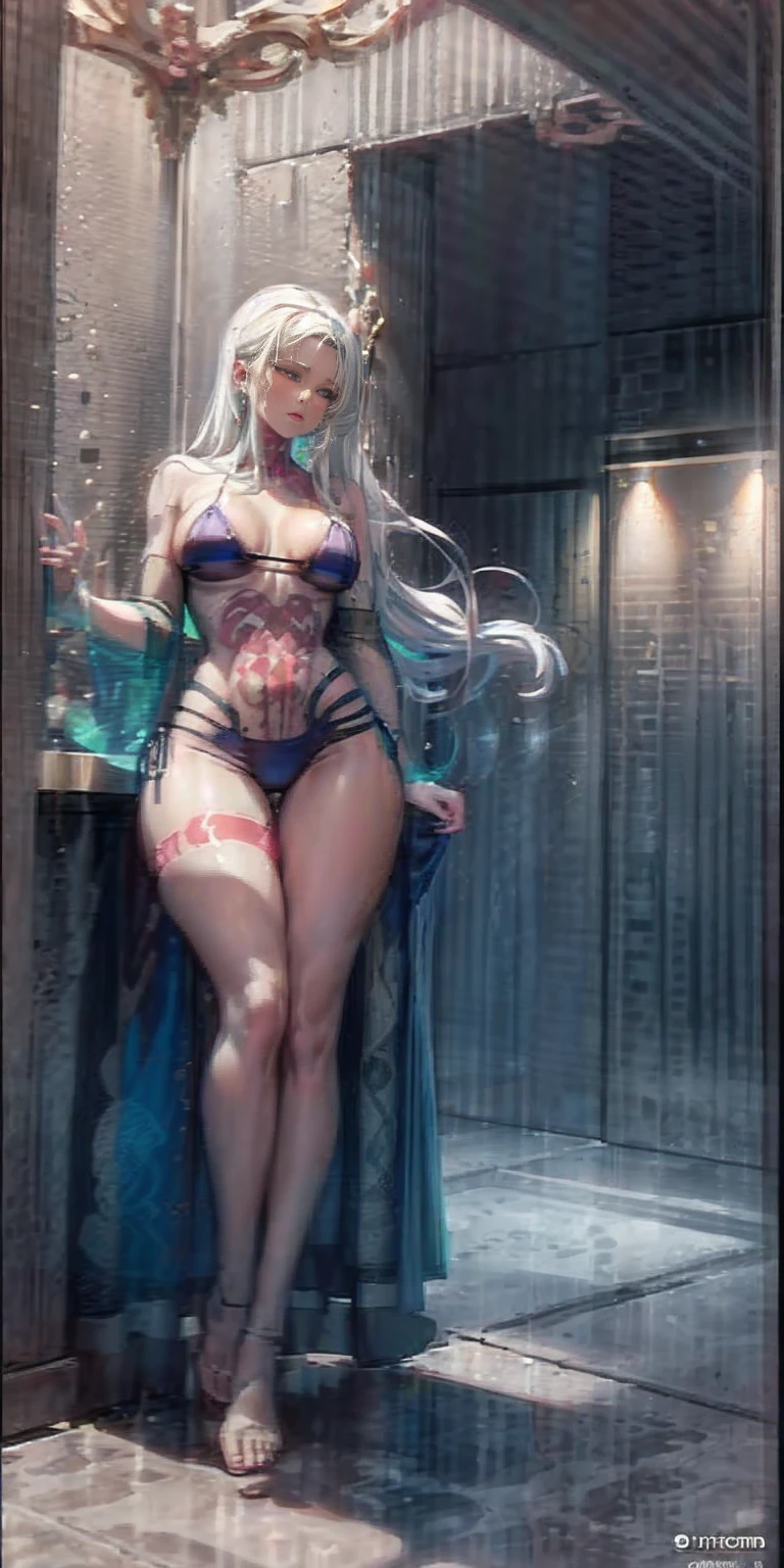 1girl full body barefoot ((MILF)) ((dark skin)) white hair, slingshot bikini, unrealistically large extremely large breasts (huge) (large badonkers) ((((neck decor)))) ((((translucent bikini)))) ((nsfw)) ((((translucent)))) ((((see-through)))) (((see-through clothing))), (((((love hotel))))) make her a sexy, dynamic, ultra high def, 32k, (perfect anatomy:1.5) perfect legs, in the style of Artgerm and Adam Hughes, perfect arms