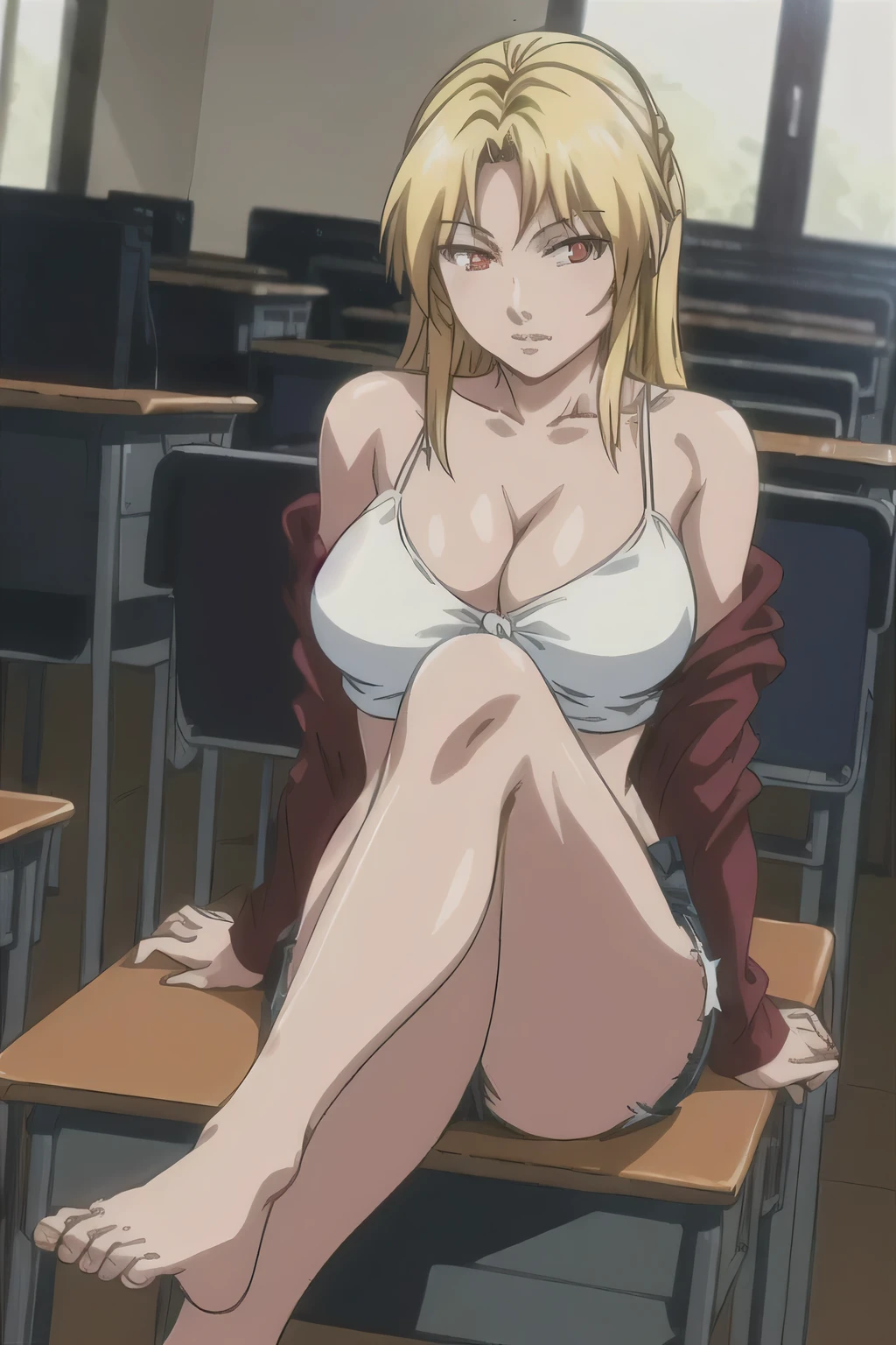 masterpiece, best quality, highres, 1girl kaori saeki, micro denim shorts, black off shoulder crop top , classroom, full body shot, (smug:0.3), looking at viewer, focus solo, sexy pose, crossing legs, mature, flip flops, detailed feet, busty, cleavage, blonde, long hair, red eyes, dangling shoe,