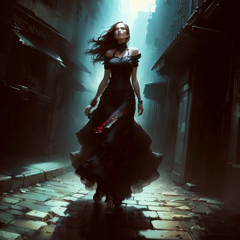 A woman in a long dress walking down the street, Raymond Swanland&#39;s style, Charlie Bowter: Rich and deep colors, by Bastien L. Number 10, Dark fantasy art, Rob Ray, Dark Fantasy Art, Bastien Lucouf d'Armes, Dark fantasy concept art, Character art by Charlie Bowter, an ominous fantasy illustration