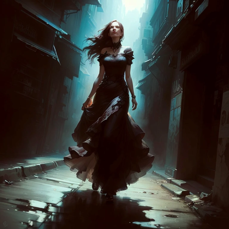 A woman in a long dress walking down the street, Raymond Swanland's style, Charlie Bowter: Rich and deep colors, by Bastien L. Number 10, Dark fantasy art, Rob Ray, Dark Fantasy Art, Bastien Lucouf d'Armes, Dark fantasy concept art, Character art by Charlie Bowter, an ominous fantasy illustration