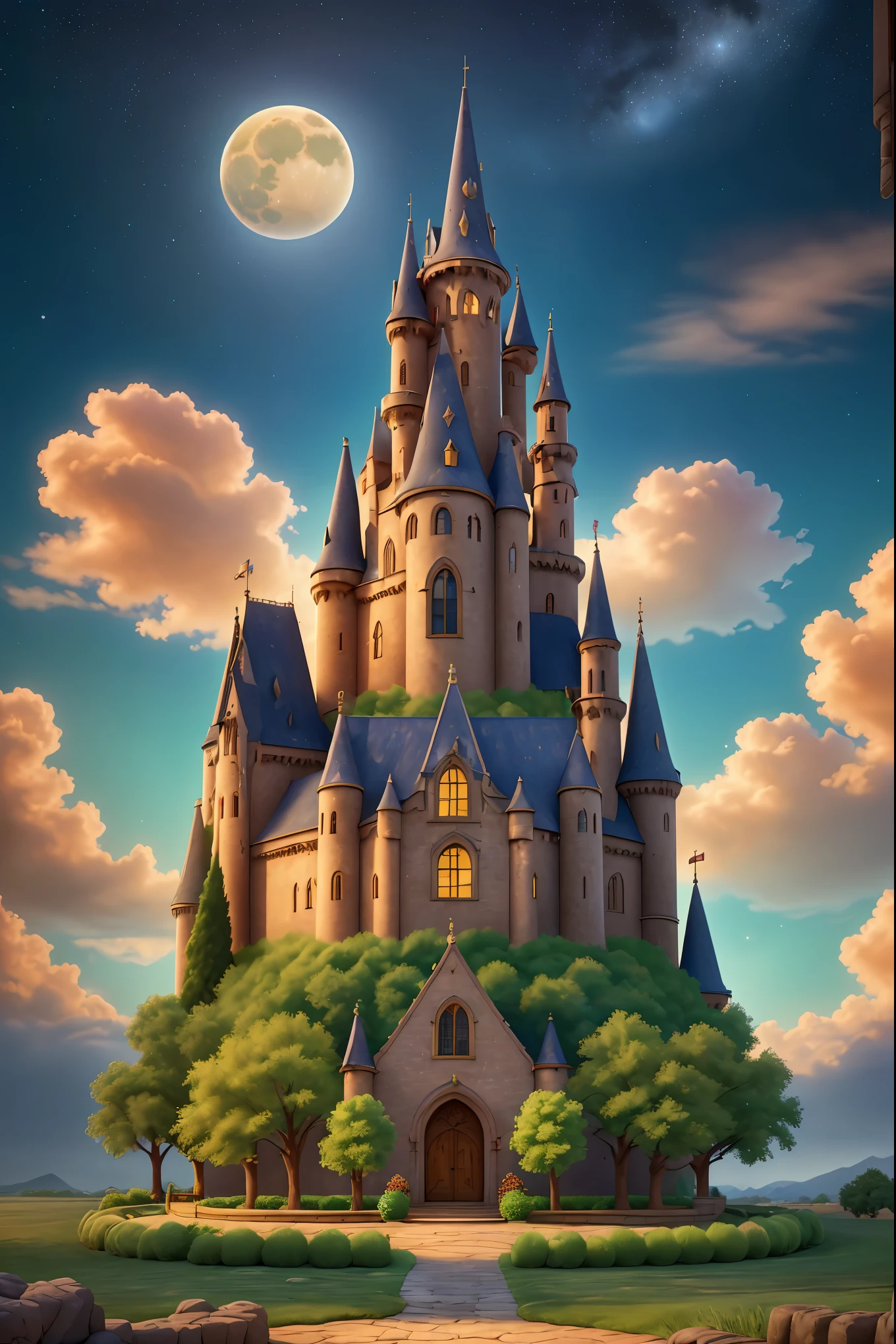 A majestic castle in a dreamlike, ancient, and mysterious setting, with rich details. The scene features floating elements, swirling clouds, twinkling stars, and a vibrant moon. The atmosphere is colorful and enchanting, evoking a fairytale and romantic vibe. The image is of the highest quality (best quality, 4k, 8k, highres, masterpiece:1.2), ultra-detailed, and realistic (photorealistic:1.37). The art style is fantasy with vivid colors, and the lighting effects enhance the overall dreamy feel.