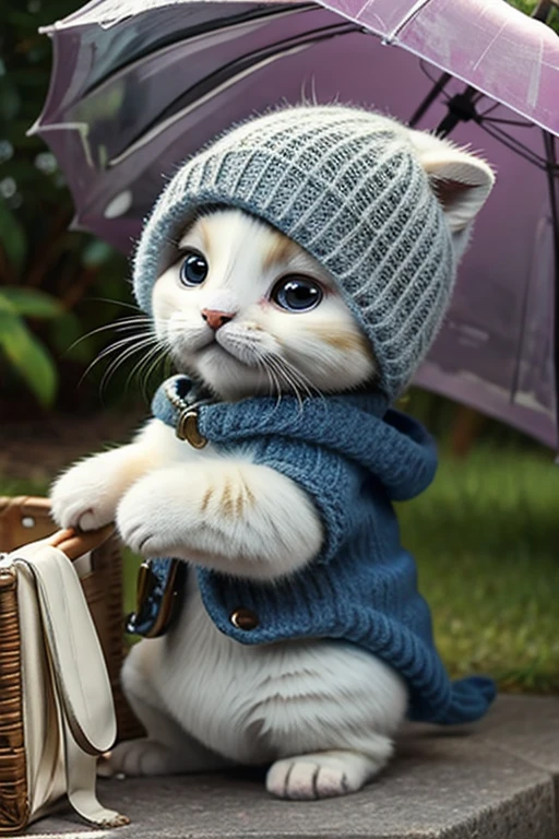 (((highest quality, masterpiece, 超High resolution, Very detailed, realism)), (Realistic:1.4), RAW Photos, High resolution, kitten、Pointing to an umbrella、Wearing boots、