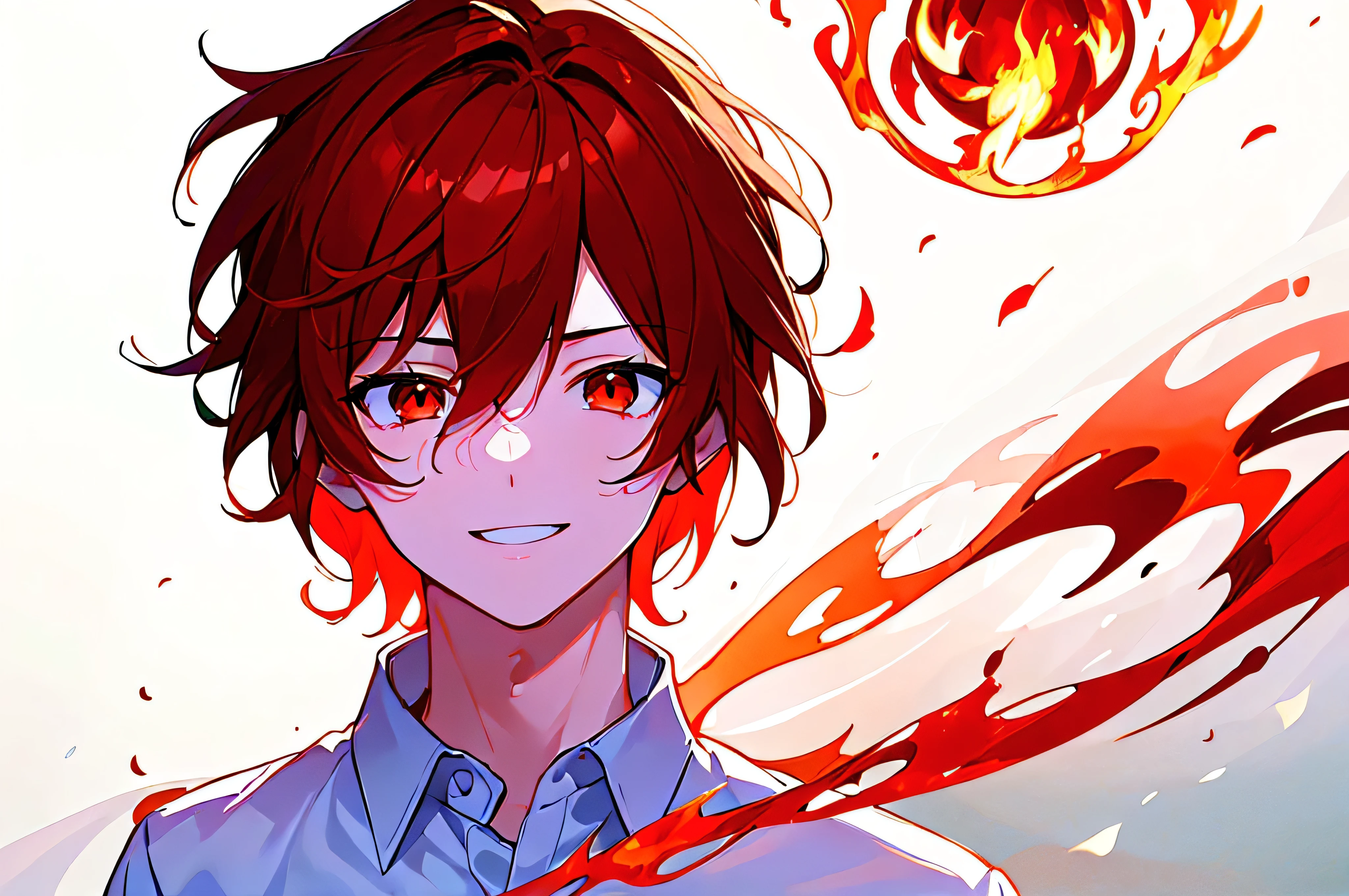 [(WHITE BACKGROUND:1.5),::5], ((((masterpiece)))), high quality, full color, ((younger boy)), short red hair, vivid color, red eye, civilian clothes, anime, smile, upper body, (flame effect:1.3)