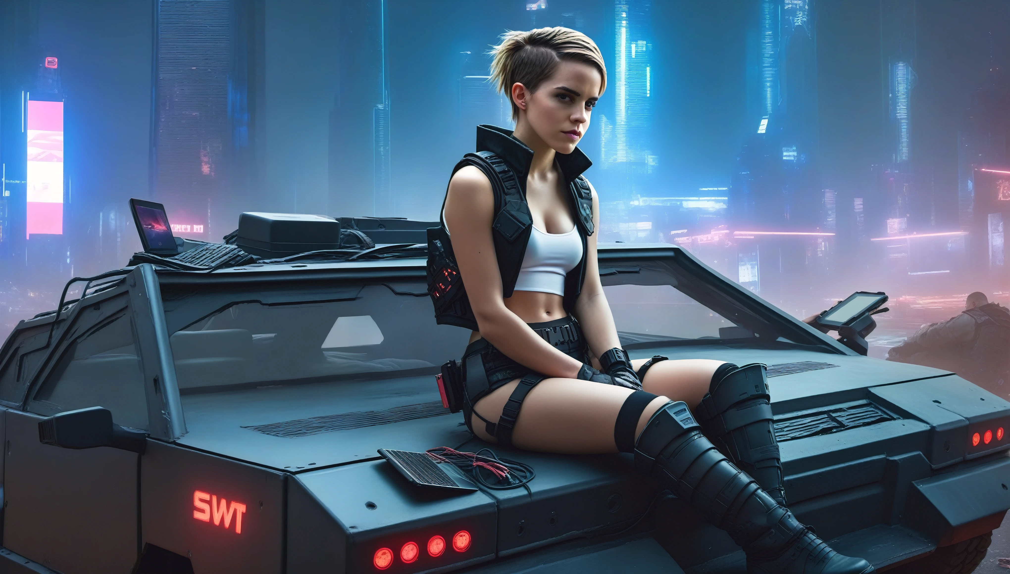 A young female hacker sitting on the hood of a wrecked APC in a cyberpunk metropolis facing the viewer, right arm resting on her waist, left arm held forward holding a transparent smart tablet, short undercut haircut, immaculate skin, scared look on her face, tears on her face, full lips, small breasts, strong legs, fullbody back and red skintight cyberpunk underarmor with intricate hexagon pattern, swat combat vest with attached wearable computer, black leather utility belt with multimeter and some probes attached, thigh high black latex boots, cutoff white gloves, no makeup, natural fingernails, emma watson, Apocalyptic Style: