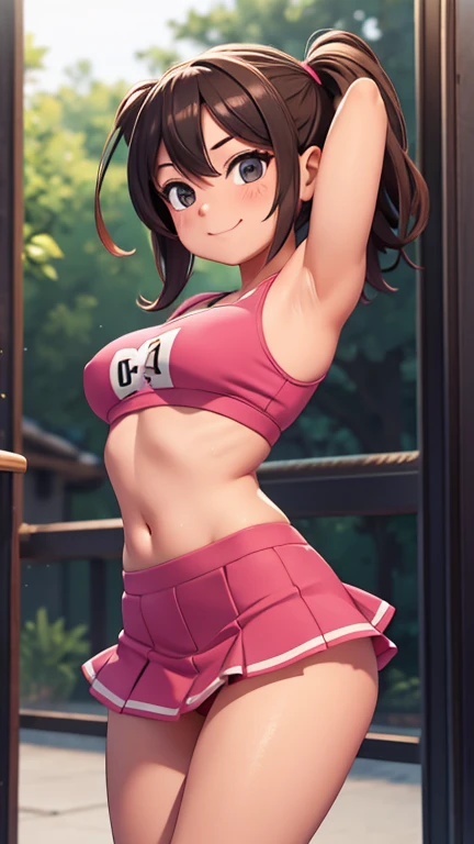 Ultra realistic 7 girl, pigtail hair g, top regular breasts, sexy, smug face, sonrisa ganadora, posando, aula, sentada, nice view, mojada, (sudada), (volleyball), tight panties, inclinada, mini skirt, exposed breasts, no panties, bosom barely contained, full body, defined, pezones excitados, panties ligeramente caida, over average good bosom,