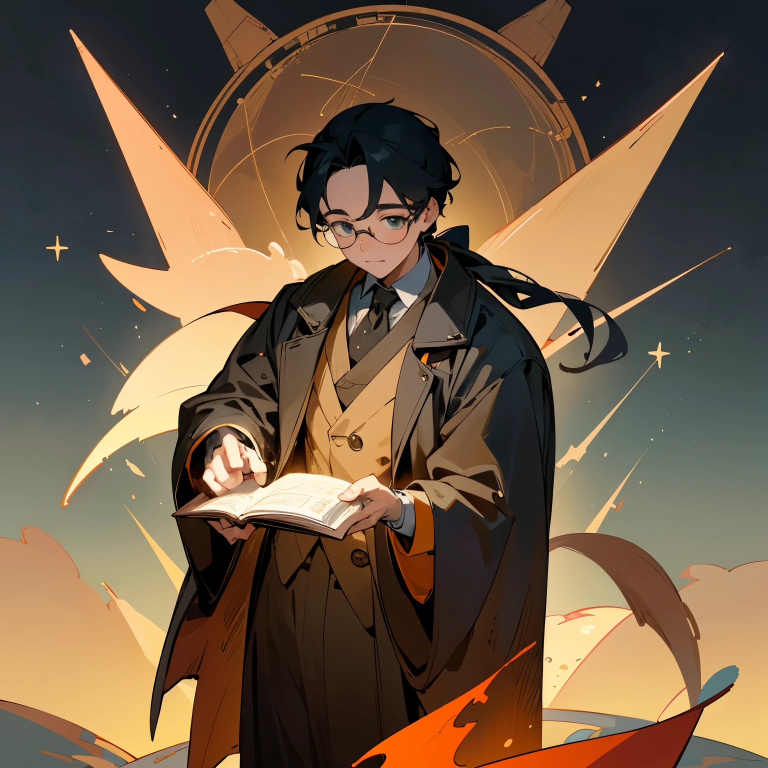 Anime-style illustration of the history of computing:
A captivating scene unfolds before you, as the narrative of computing unfolds in an intriguing and visually stunning manner. A line of historical figures, each representing a momentous era in computing history, stand against a backdrop of a starry night sky.
The first figure, a young man in glasses and a quill pen in hand, symbolizes the early days of mathematics and mechanics – the foundational knowledge that paved the way for computing. His cheeks are slightly rosy from the warmth of the fire burning beside him, casting an amber glow upon his dedicated features. He gazes confidently towards the future.
A