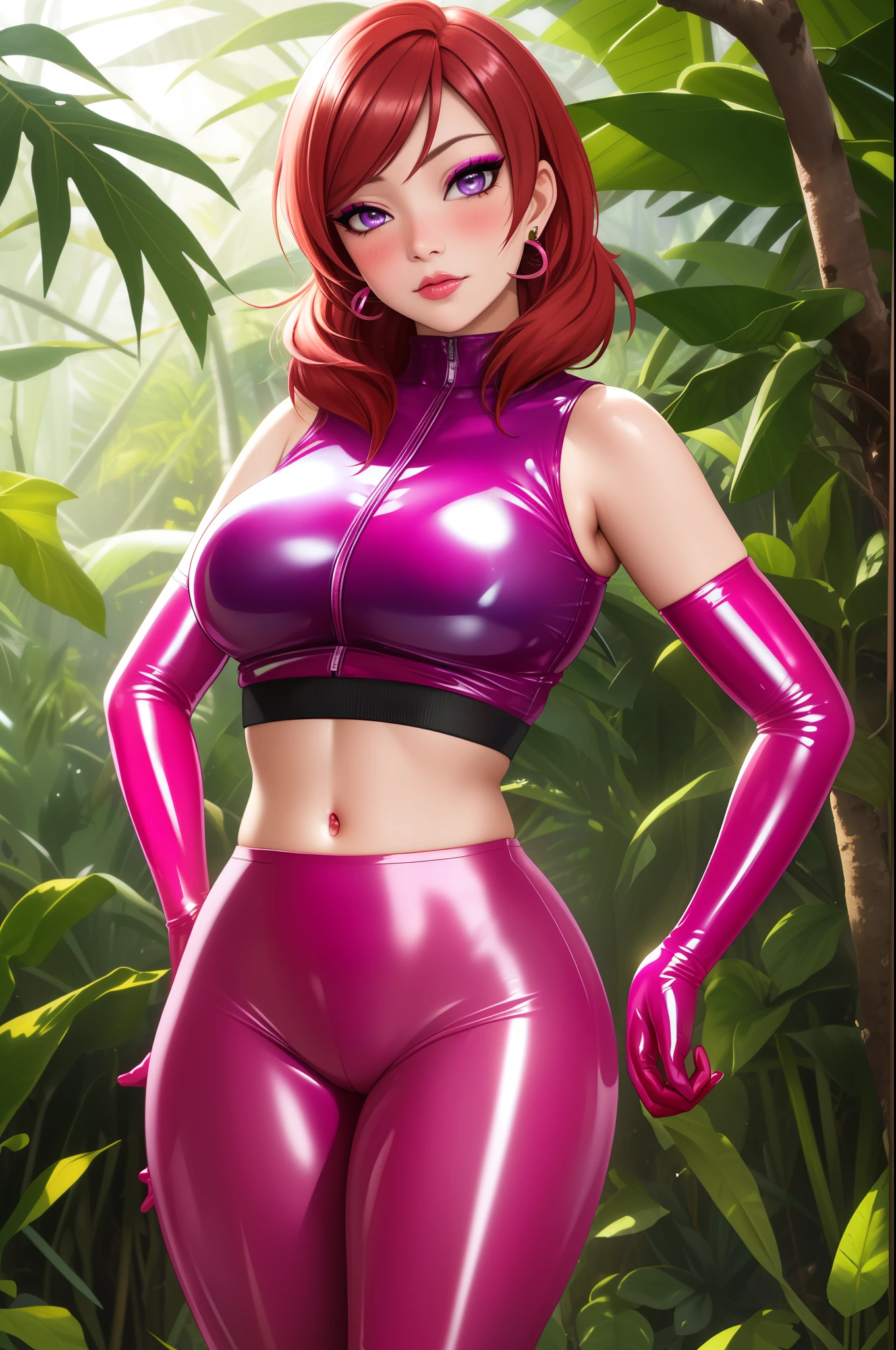 (ultra realistic,32k,RAW photo:1.1),(high detailed skin:1.1), 8k uhd, dslr, high quality, film grain, (makeup, mascara:1.1), lips,(thick\lips\),
(shiny glossy translucent clothing:1.1),
(busty:1.1) , (chubby:0.1),(backlight:1.1), nishikino maki, purple eyes, (pink tight crop top), breasts ,elbow gloves, (pink latex leggings),in jungle , (standing), earrings , blushing