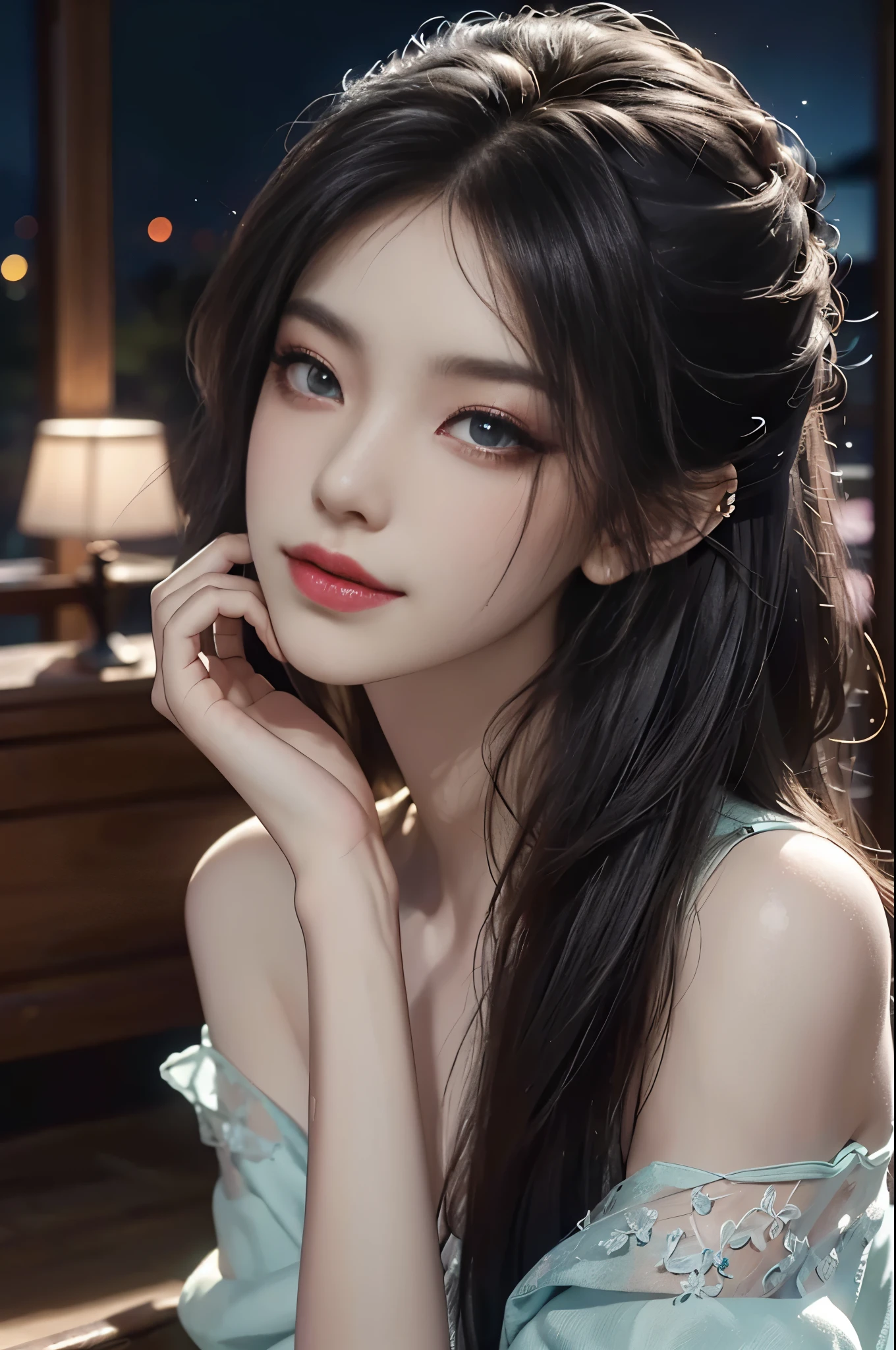 mature women, cosmetic, small eyes, beautiful eyes, ((whole body)), ((Random shooting angle)), (best quality, masterpiece:1.2), Super detailed, (actual:1.37), beautiful, young, Charming model with (delicate eyes, Detailed lips, extremely delicate eyes), white and floral, show a bright smile, Create stunning girl images, Warm colors, Extremely high color saturation, official art, Extremely detailed CG unified 8k wallpaper,(high dynamic range :1.4), (cinematic),(pastel colors, dull color, soothing tone :1.3), (natural skin texture, ultra-actual, soft light, sharp),(Very detailed), night, moonlight, In an antique pavilion, Sitting on the bench against the guardrail,Very thin,Very thin waist,