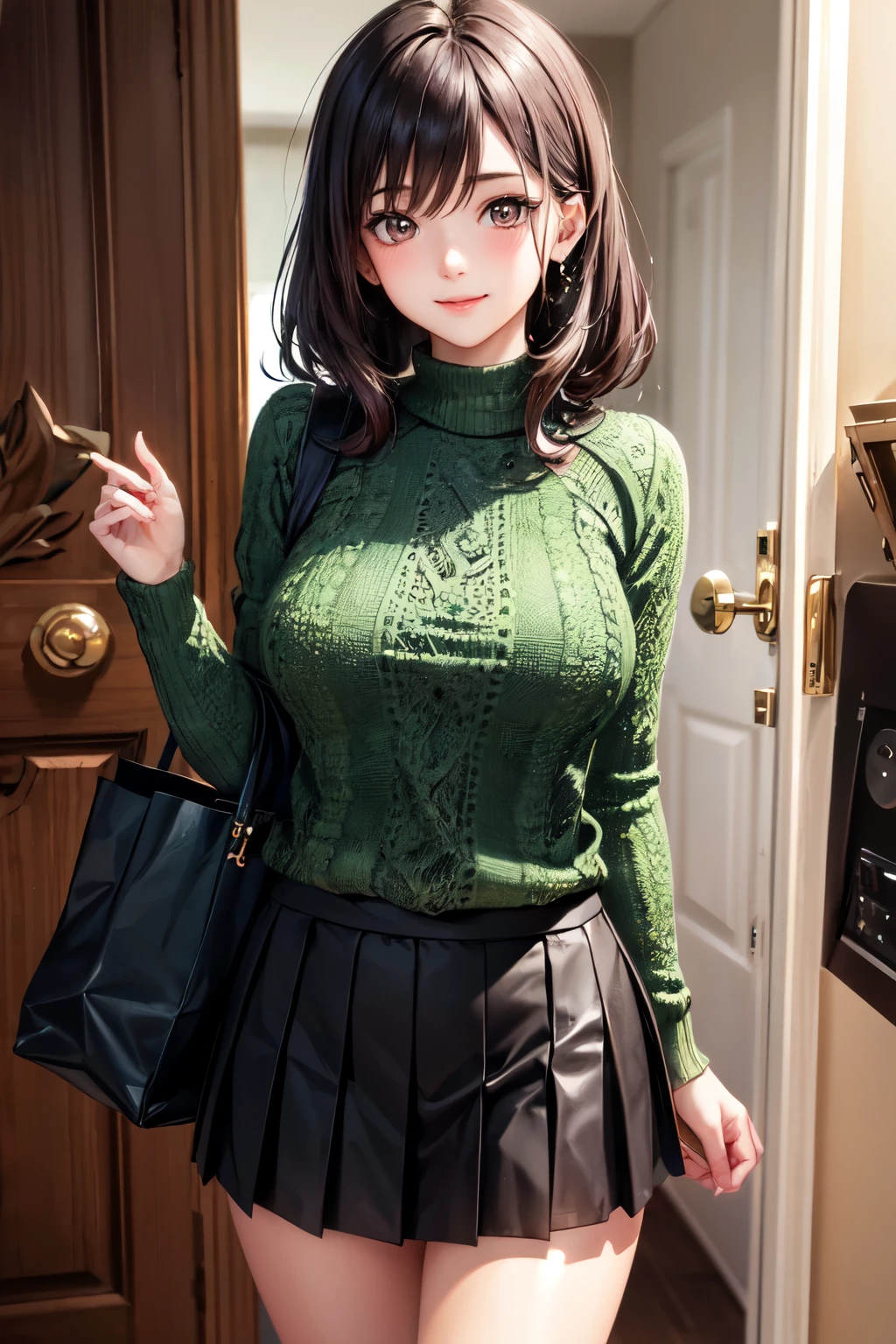 very cute and beautiful girl,(highly detailed beautiful face),
(smile:1.2),happy,blush,embarrassed,looking at viewer,
(green sweater:1.13),cowboy shot,pleated black mini skirt,
standing in house door,town view,holding tote bag,black hair,
(best quality,masterpiece),absurdres,highres,ultra-detailed,extremely detailed,32k,8k resolution,
intricate details,cinematic scene,detailed background,solo,dynamic angle,aesthetic darkbrown eyes,