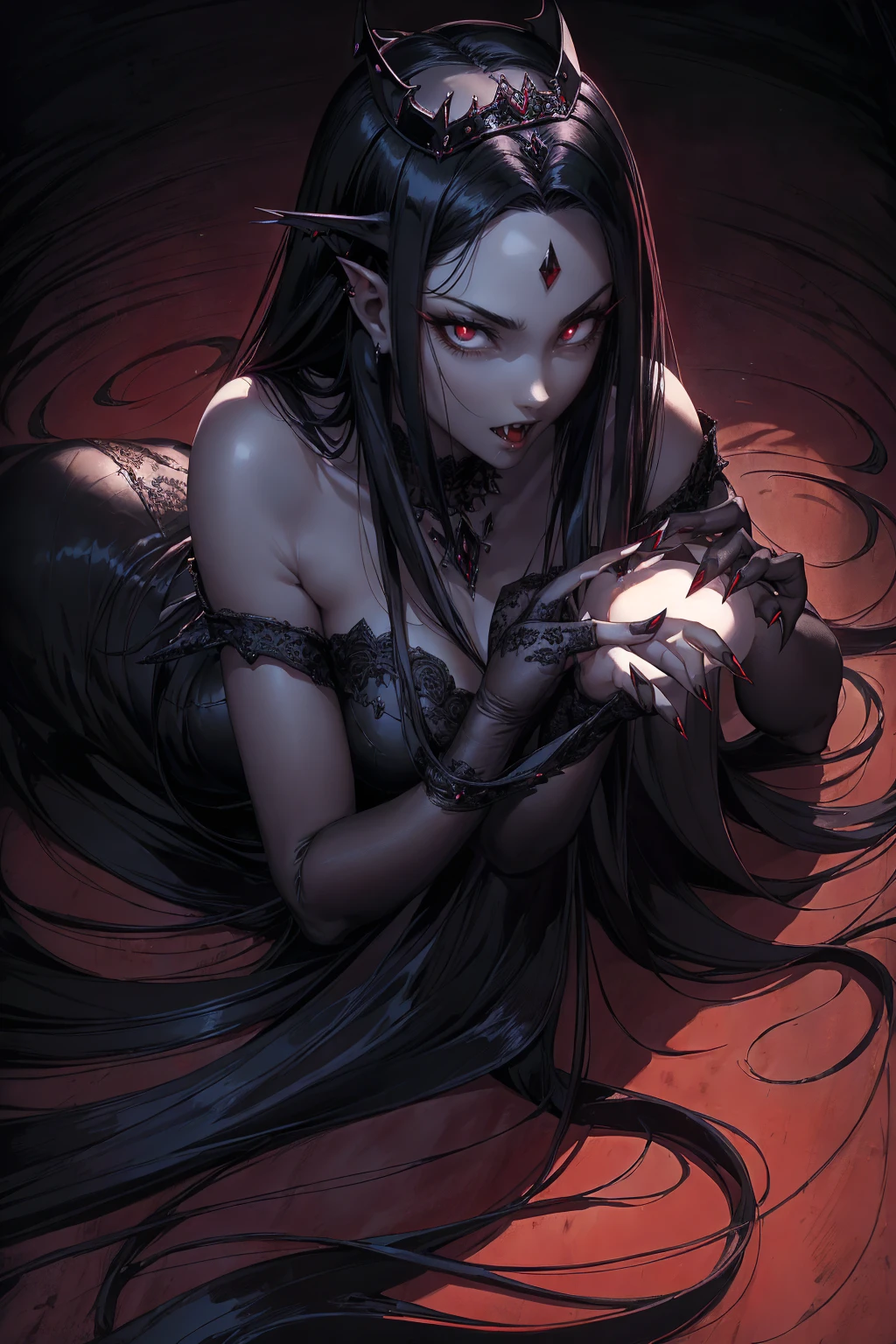 absurdres, ((stunning female Vampire))), goth Renaissance, (long black hair:1.erfect and detailed angular sharp oval shaped face, ((redeyes)), jewelry, red and black tetradic colors, full lips, gothic castle background, (solo), perfect anatomy, approaching perfection, ethereal, intricate details, ultra-high definition, 12k resolution, goth aesthetic, smooth, sharp focus, dreamy, glowing, backlit, glamour, glimmer, fantastical, shadows, smooth, Gothic crown, laying on the ground,  perfect hands