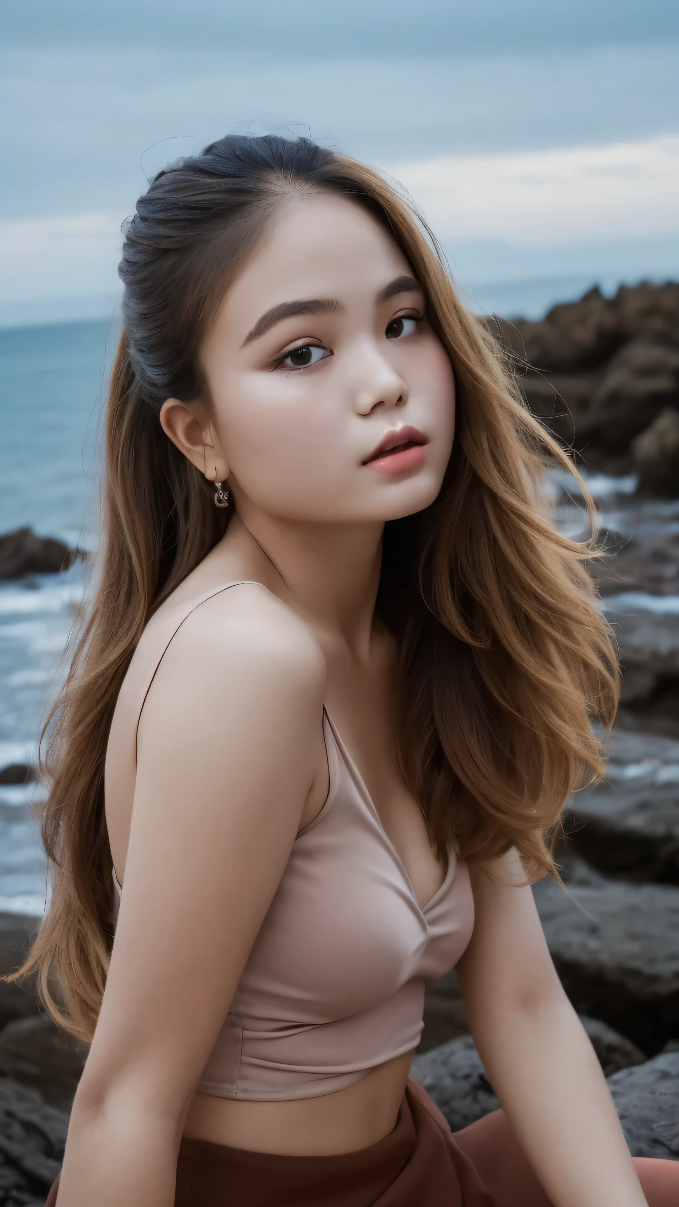 1 girl, alone, looking at the viewer, dark blonde long hair, hair is tied up, sheer bra, mini skirt, brown eyes, Coastal rocky background, small breast , smile, realistic, masterpiece, 最high quality, high quality, High resolution,